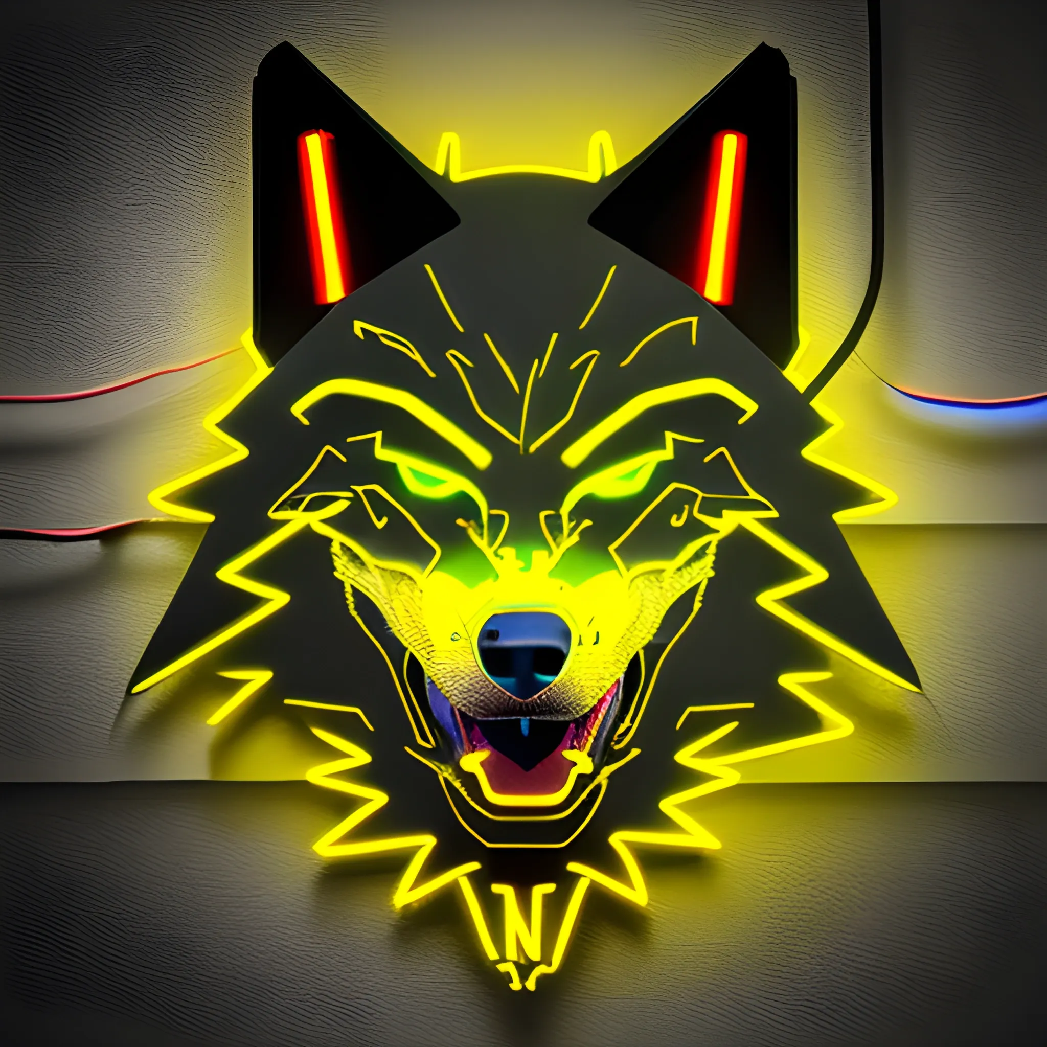 An angry cyberpunk wolf logo, using the yellow neon color, with athe letter "A" at the background, 3D