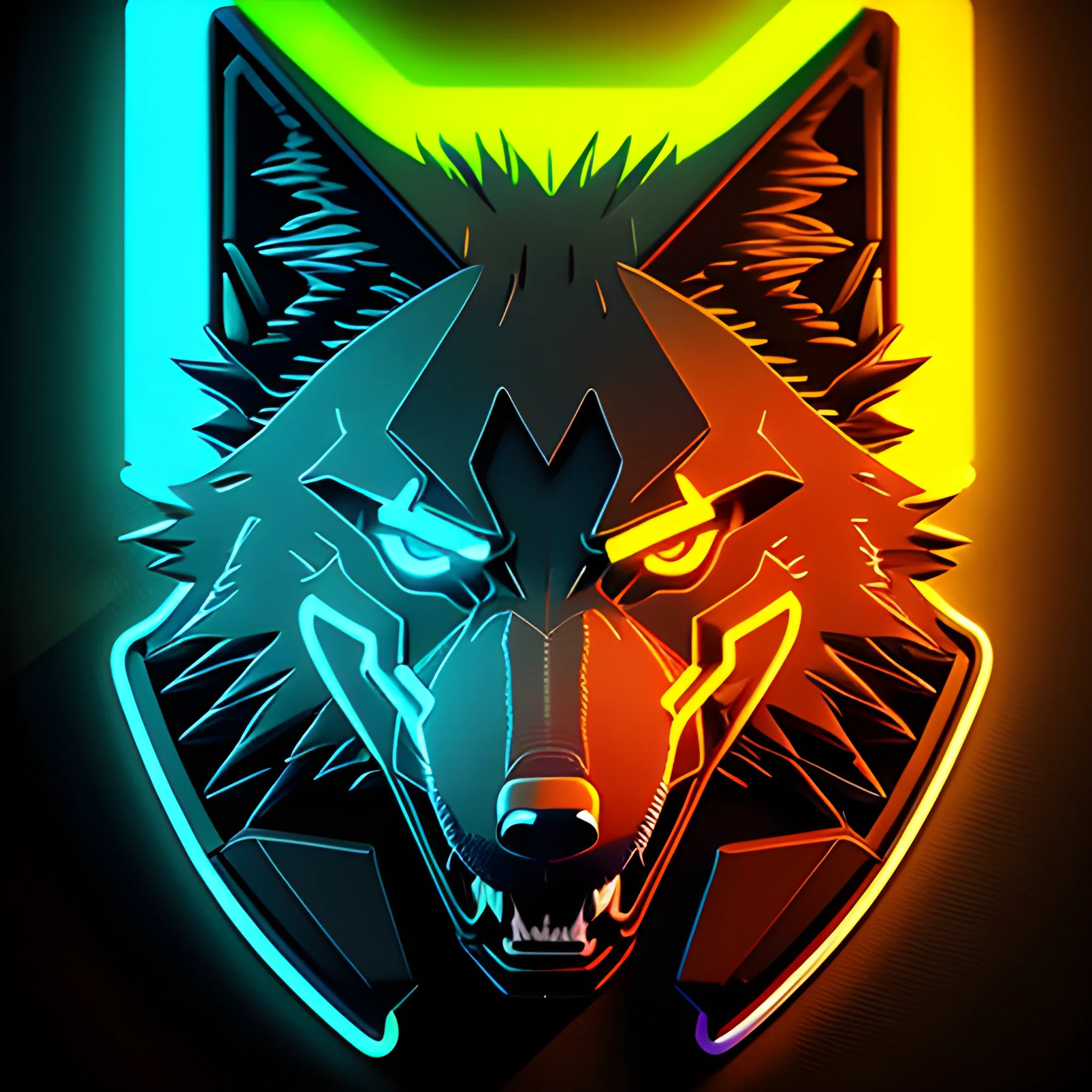An angry cyberpunk wolf logo, using the yellow neon color, with athe letter "A" at the background, 3D
