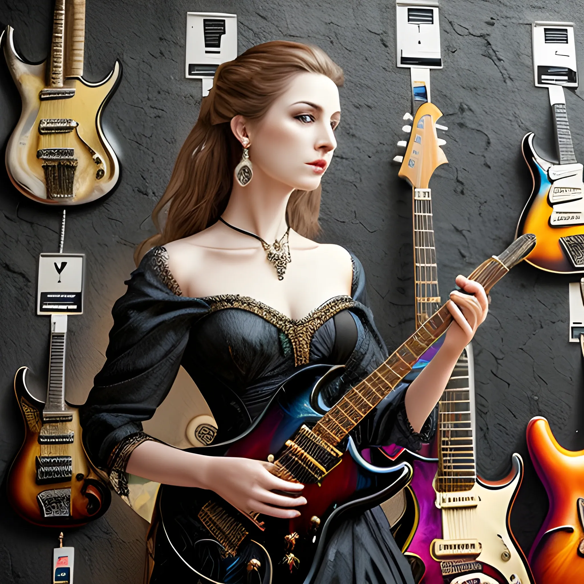 An elegant lady wearing a mysterious flowing clothes, eye-catching detail, realistic ultra-detailed, in front of a wall of electric guitars