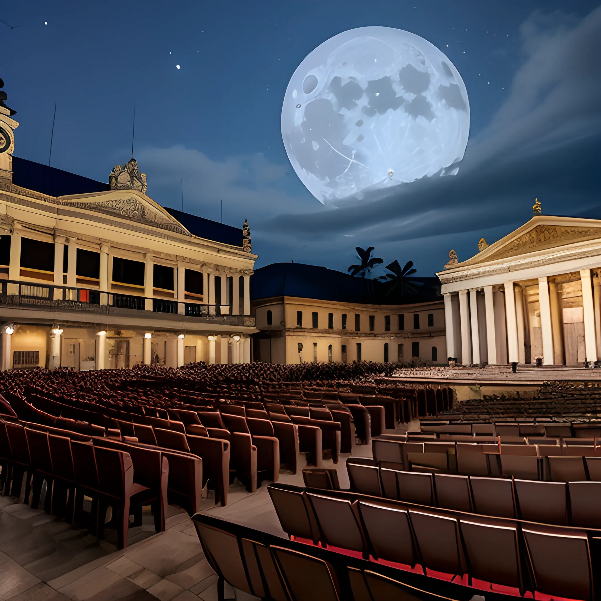 teatro nacional Eduardo brito en república dominicana, noche de luna llena, fuegos artificiales por motivo de reapertura, multitud de personas asistiendo al evento principal, estilo moderno y futurista de las instalaciones del teatro, presentación de la nueva aplicación móvil para el disfrute de las obras que se presentan.