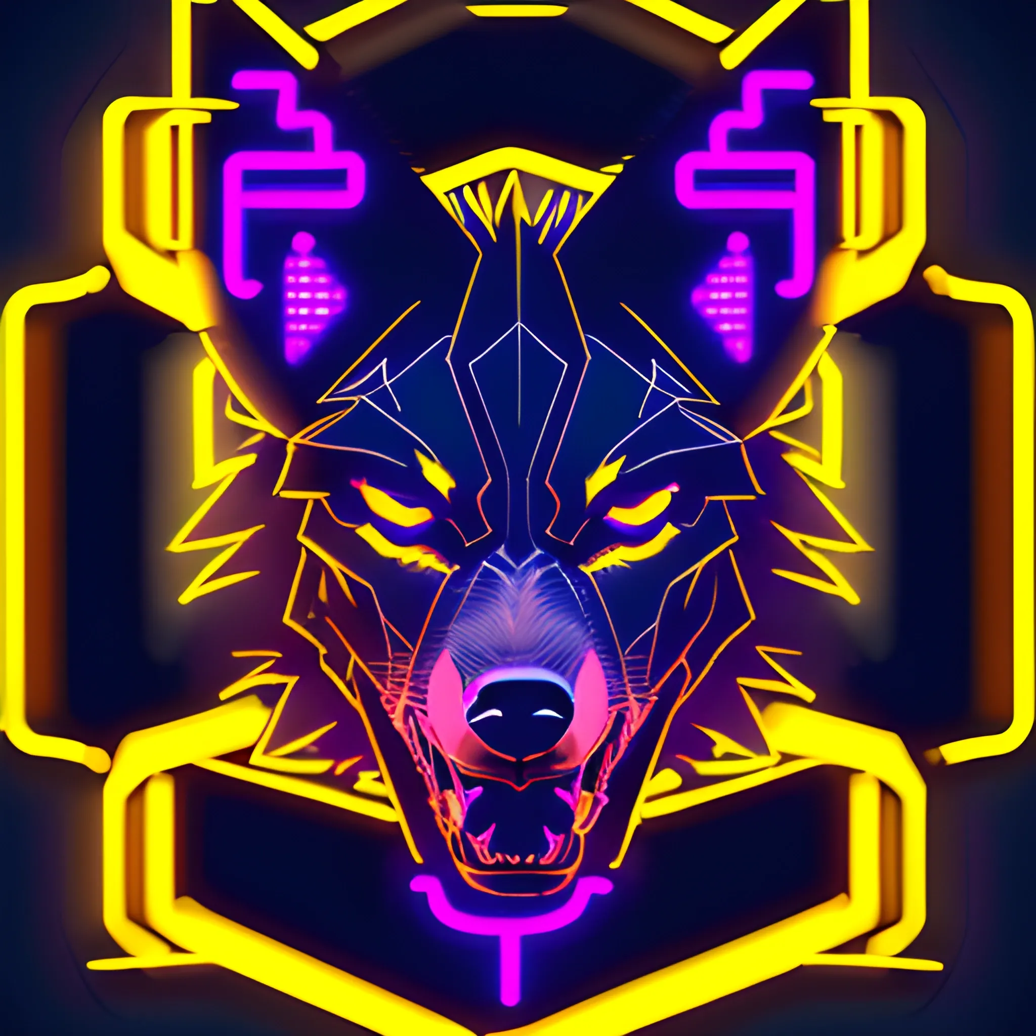 An angry cyberpunk wolf logo with the letter "A" at the background, using the yellow neon color, 3D
