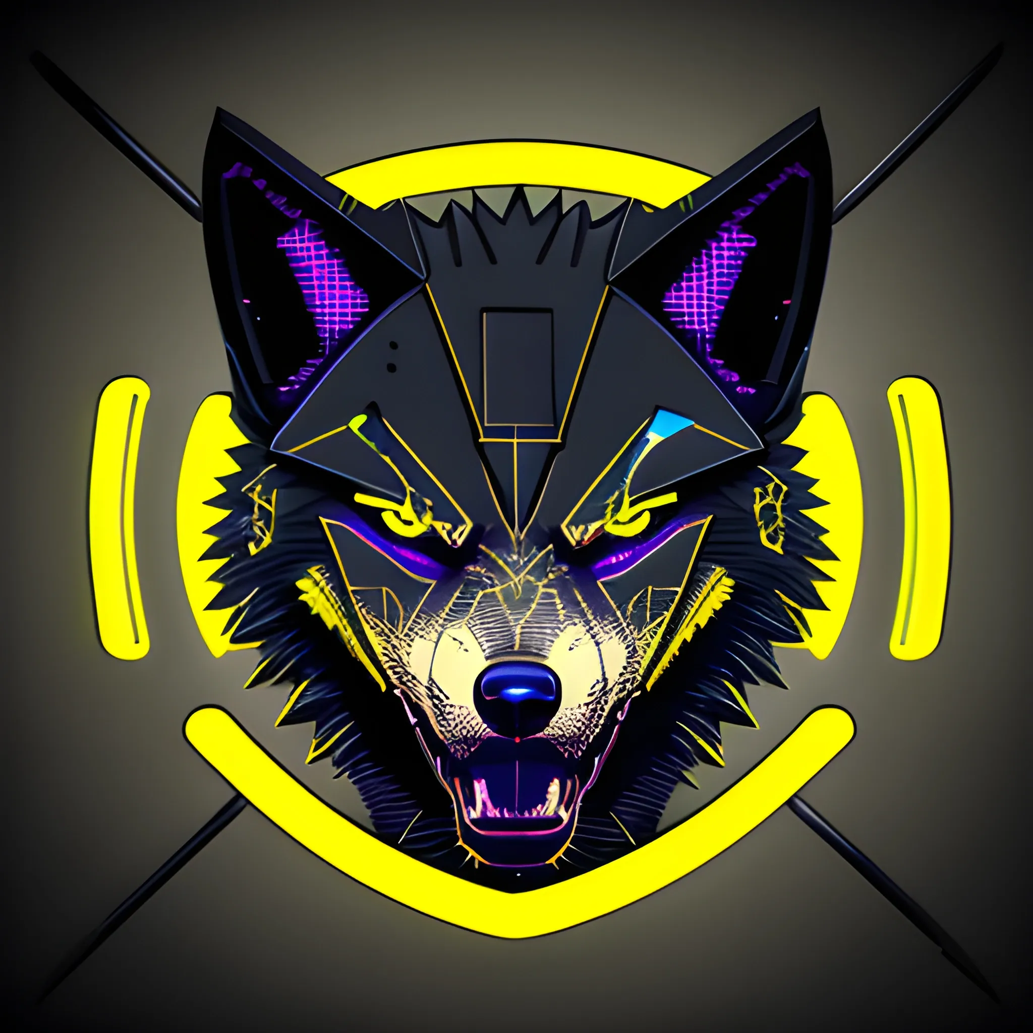 An angry cyberpunk wolf logo with the letter "A" at the background, using the yellow neon color, 3D