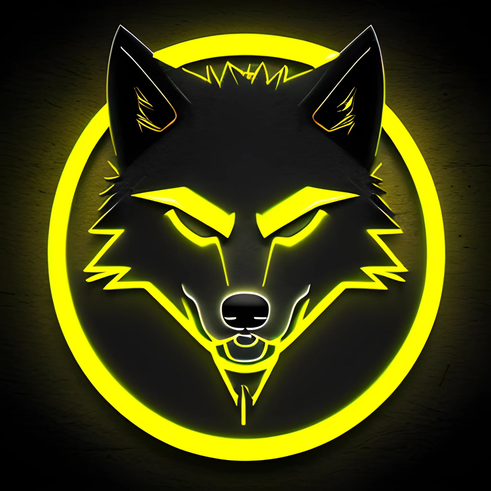 An angry hacker wolf logo with the letter "A" at the background, using the yellow neon color, 3D