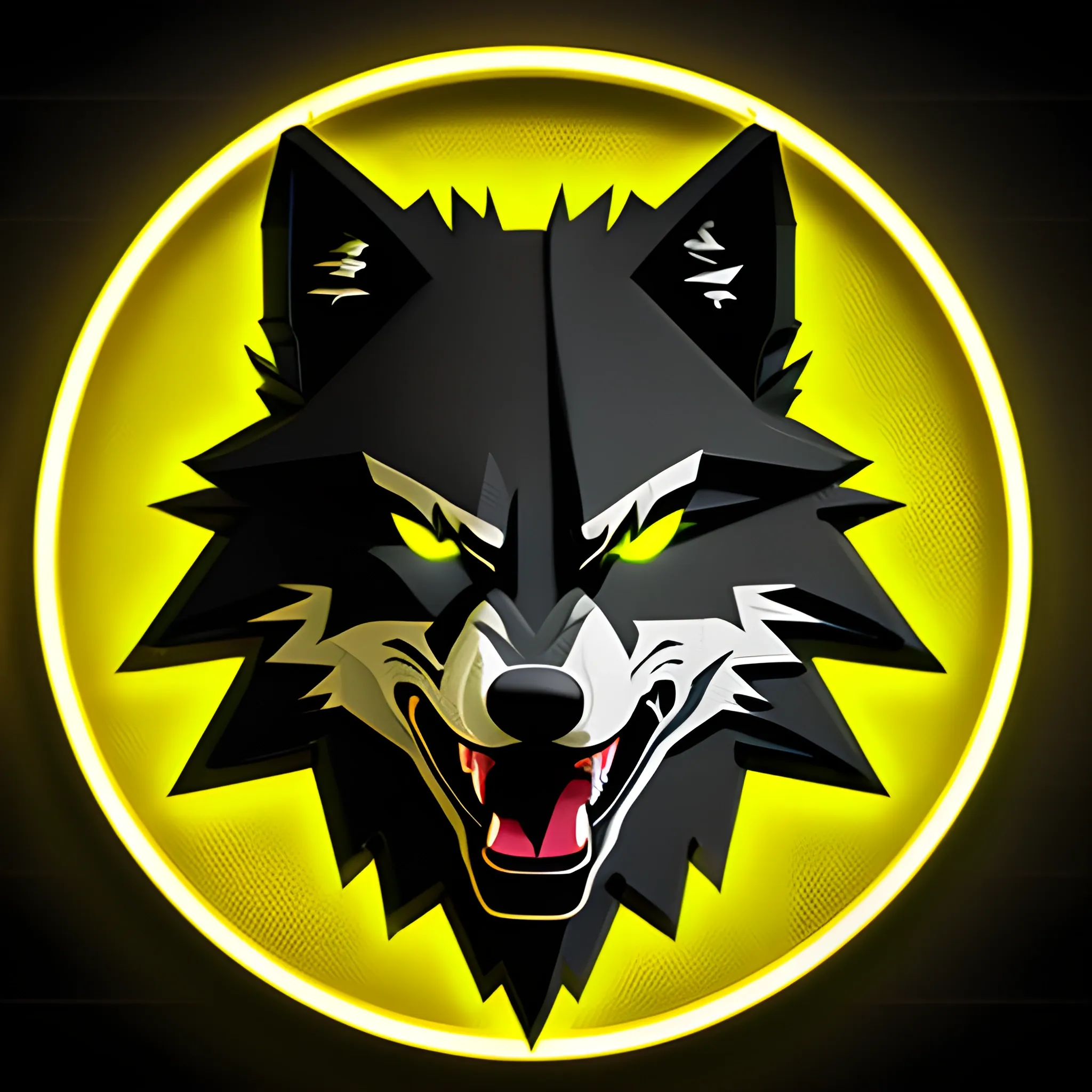 An angry hacker wolf logo with the letter "A" at the background, using the yellow neon color, 3D