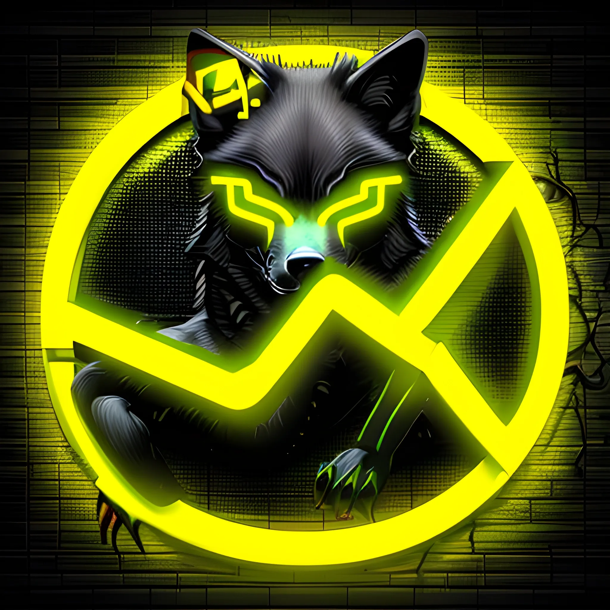 An angry Matrix wolf logo with the letter "A" at the background, using the yellow neon color, 3D