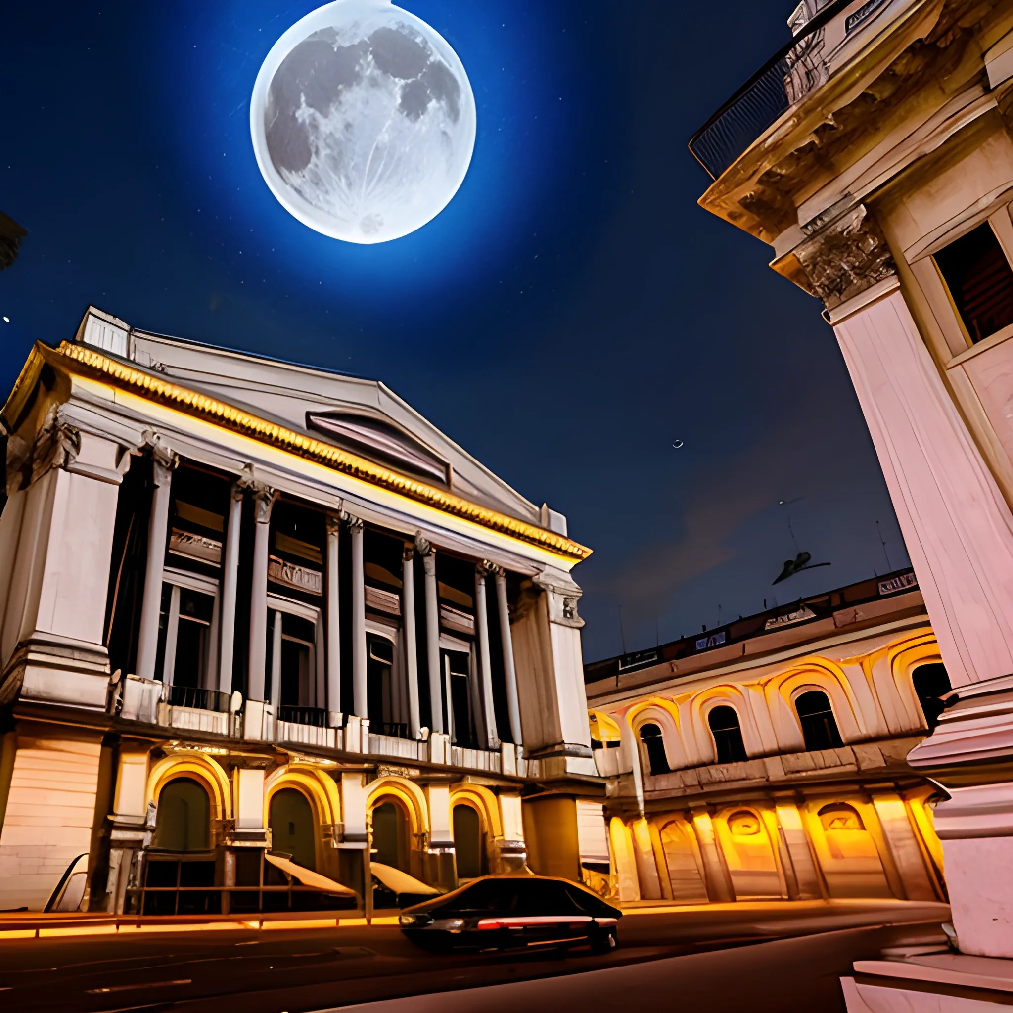 infraestructura futurista de las modernas instalaciones del teatro nacional durante la gran reapertura, en una noche de luna llena y estrellas 