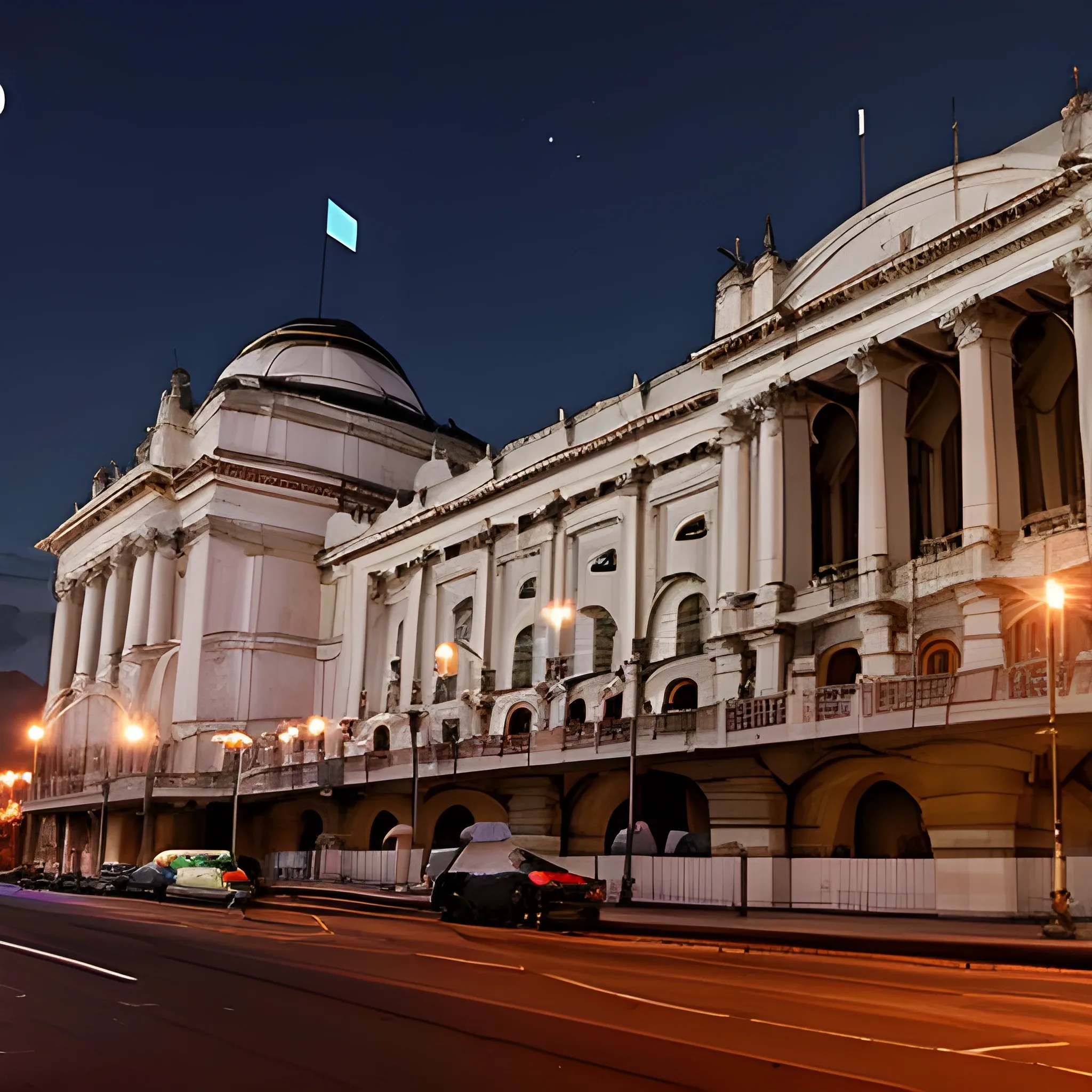 infraestructura futurista de las modernas instalaciones del teatro nacional durante la gran reapertura, en una noche de luna llena y estrellas, y fuegos artificiales en el aire
