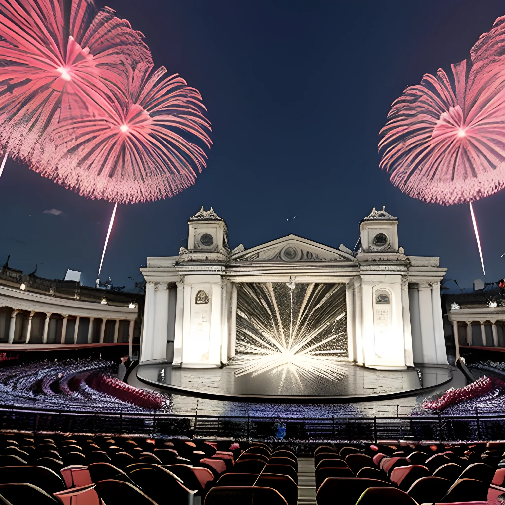 gran reapertura del teatro nacional, con nueva infraestructura futurista y modernas instalaciones, y fuegos artificiales para el deleite de las personas que asisten al evento 
