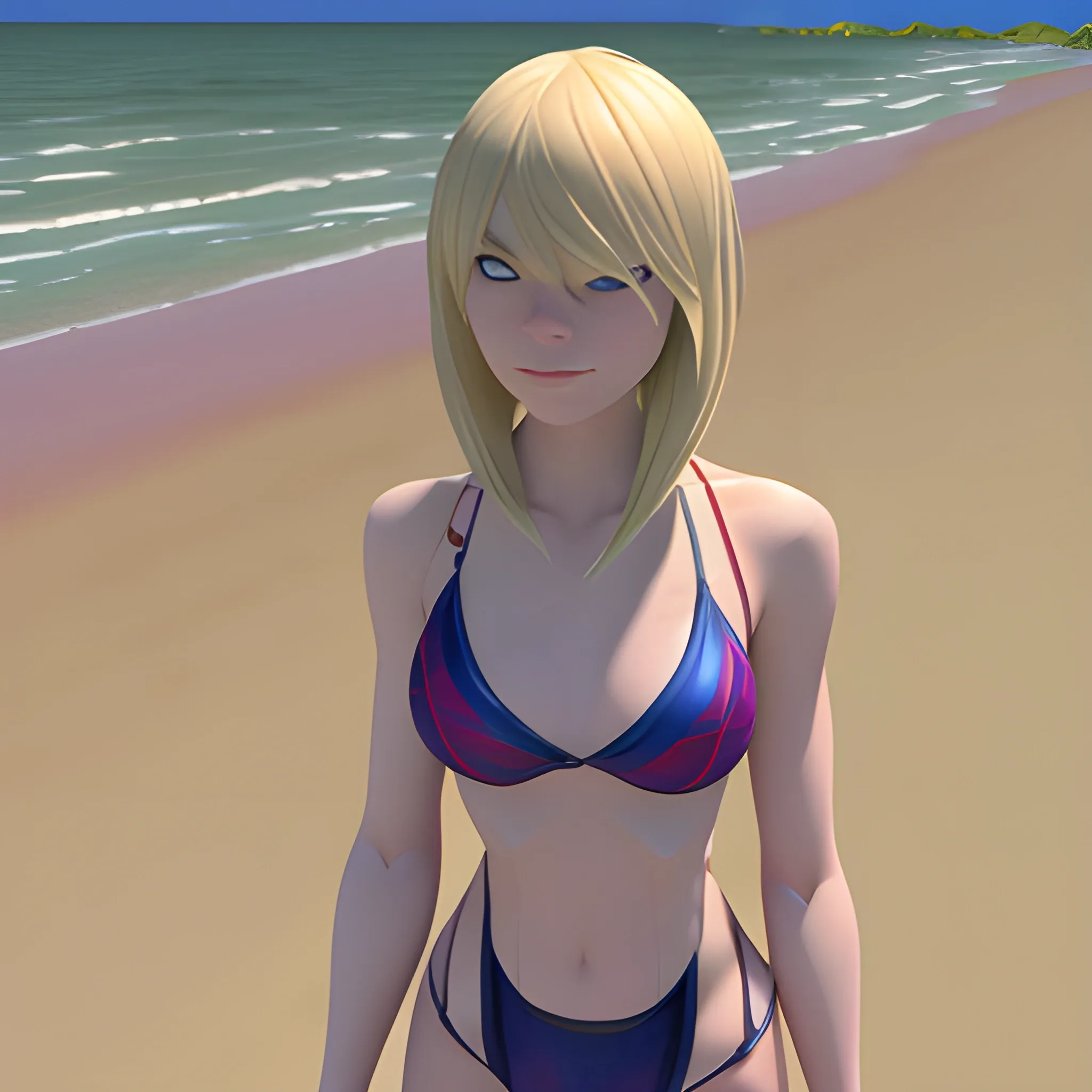 Gwen Stacy, , 3D, Beach, bikini, Turned away, standing, looking at the camera