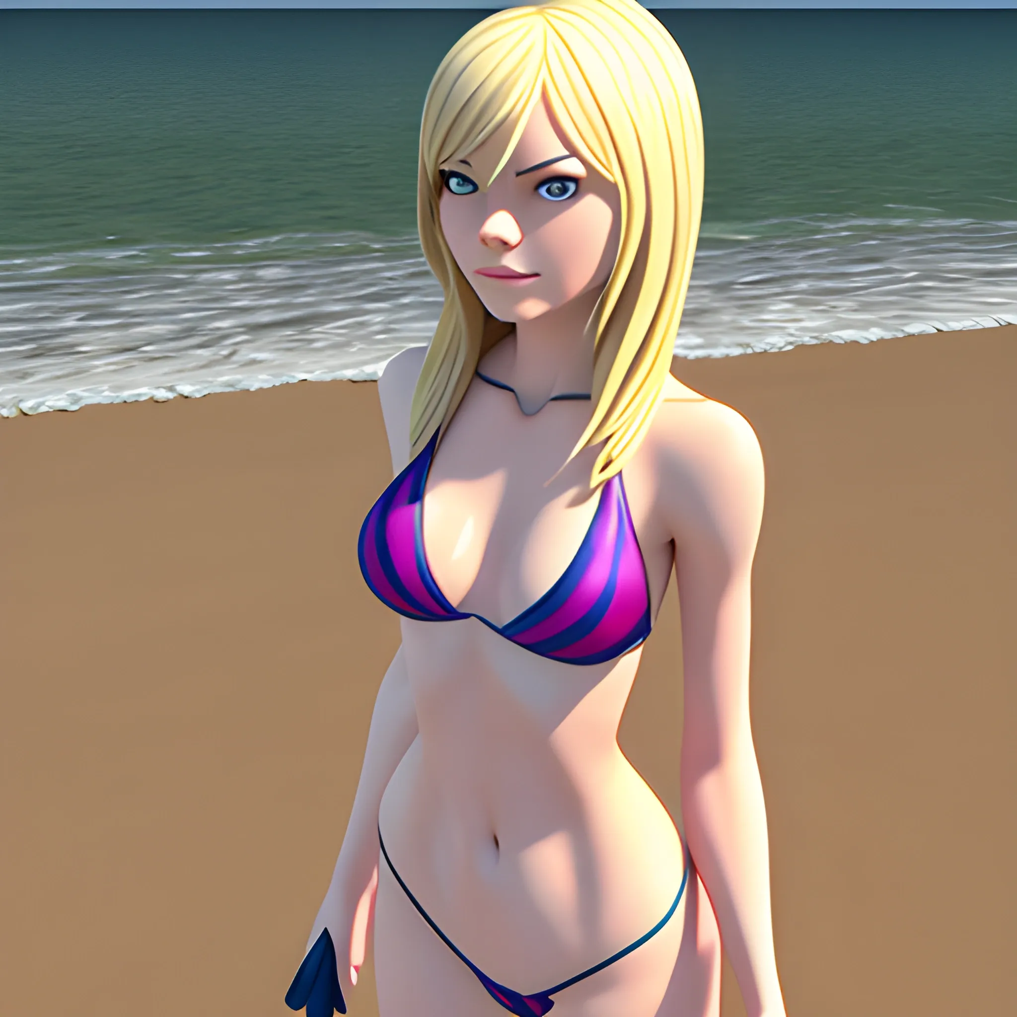 Gwen Stacy, , 3D, Beach, bikini, Turned, standing