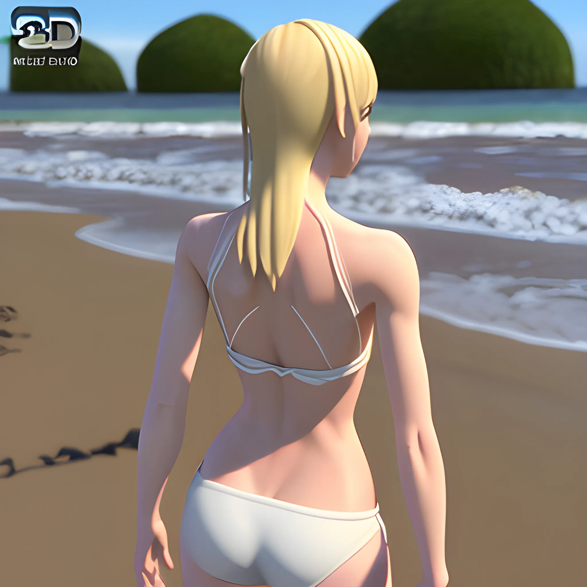 Gwen Stacy, , 3D, Beach, bikini white, standing, Her back is turned, head look the camera