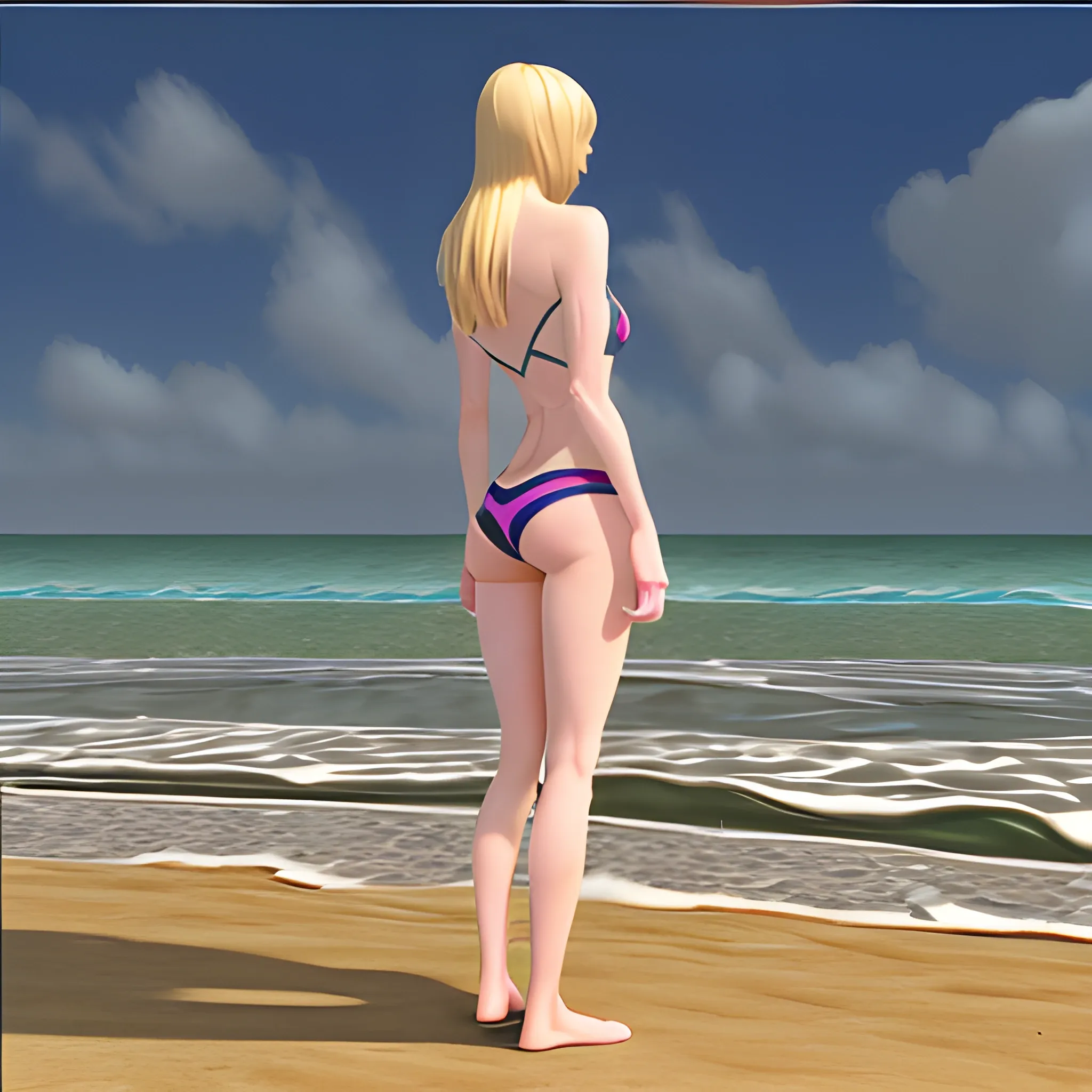 Gwen Stacy, , 3D, Beach, bikini sexy, standing, Her back is turned, head look the camera