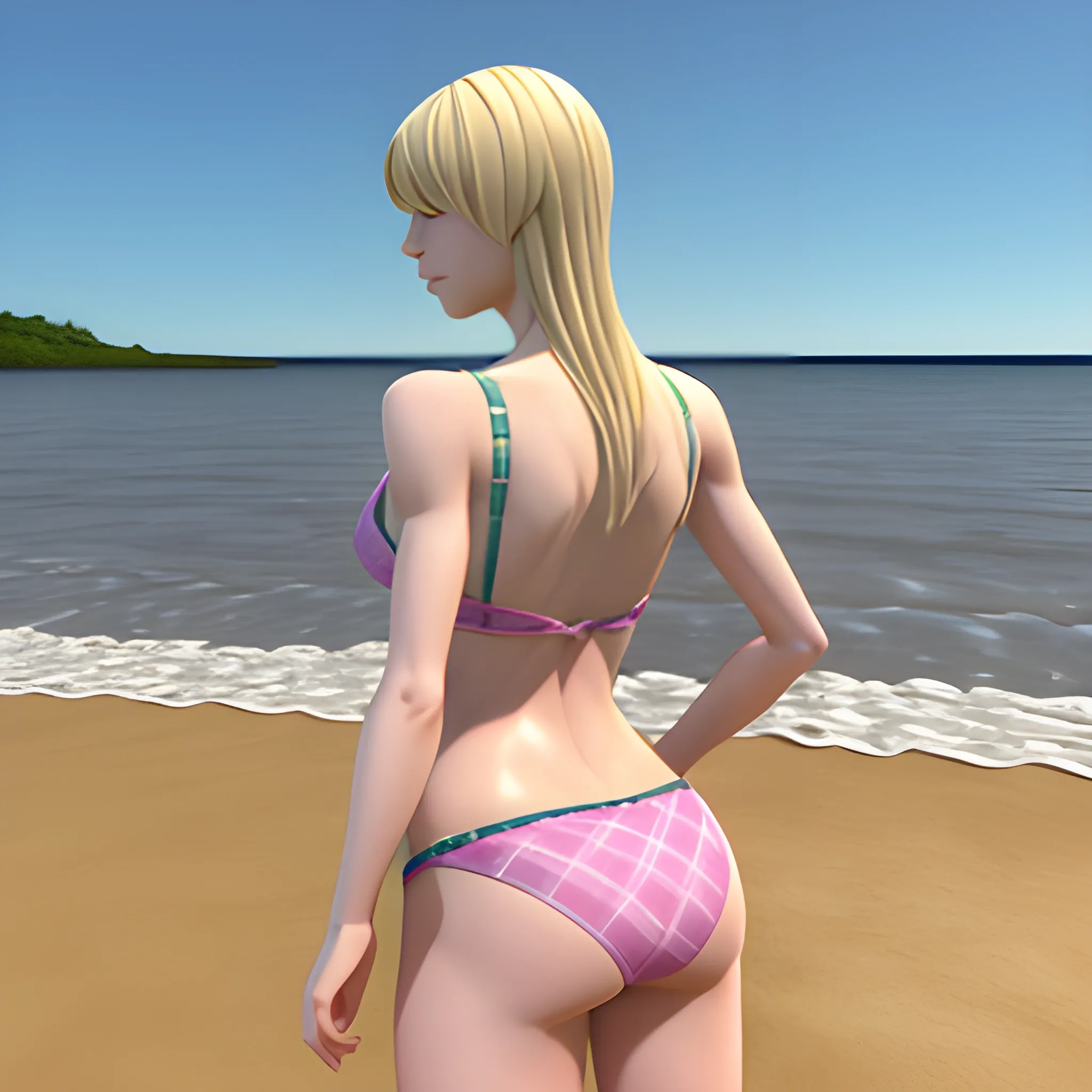 Gwen Stacy, , 3D, Beach, bikini sexy, standing, Her back is turned, head look Turner a round