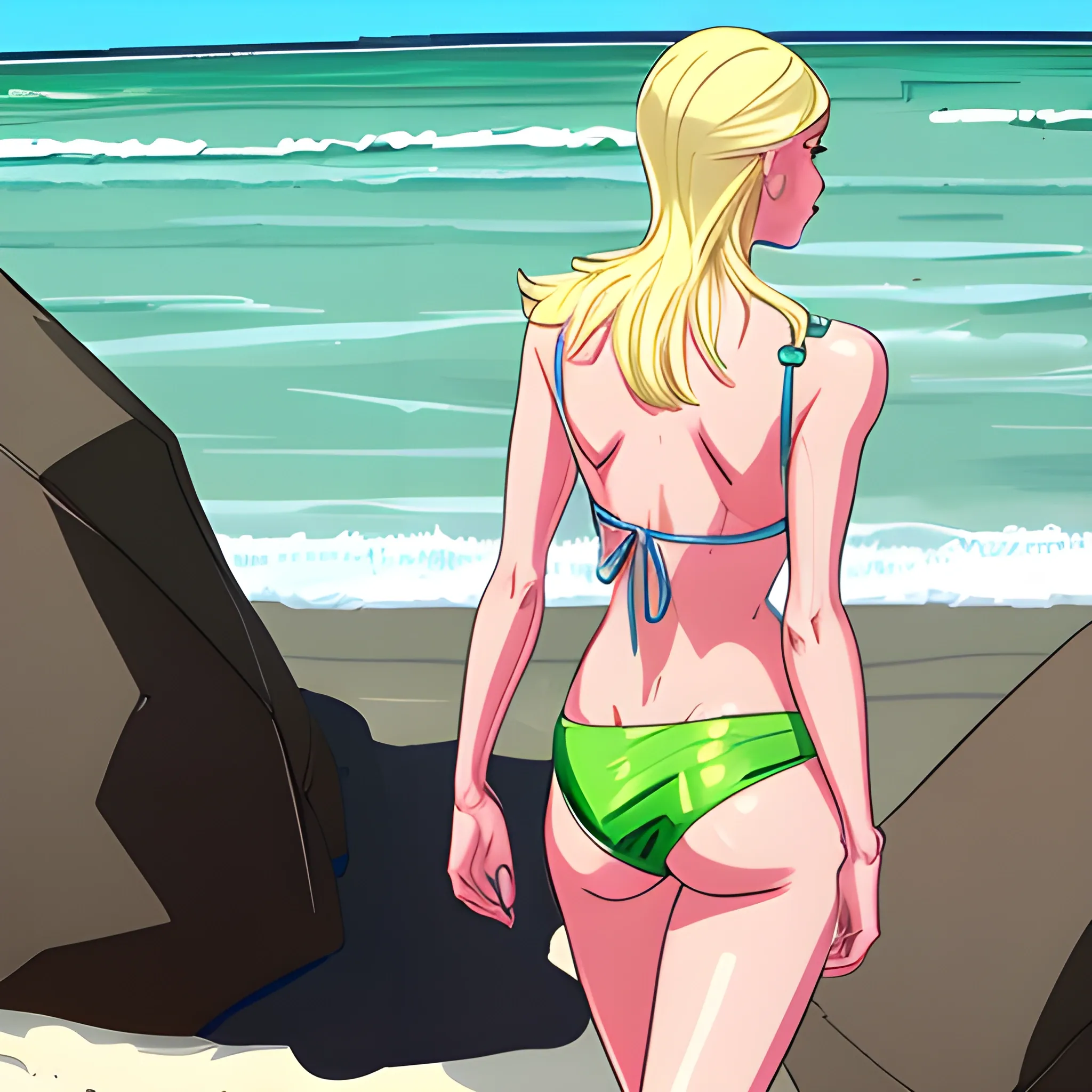 Gwen Stacy,  Beach, bikini sexy, standing, Her back is turned, head look Turner a round, , Cartoon