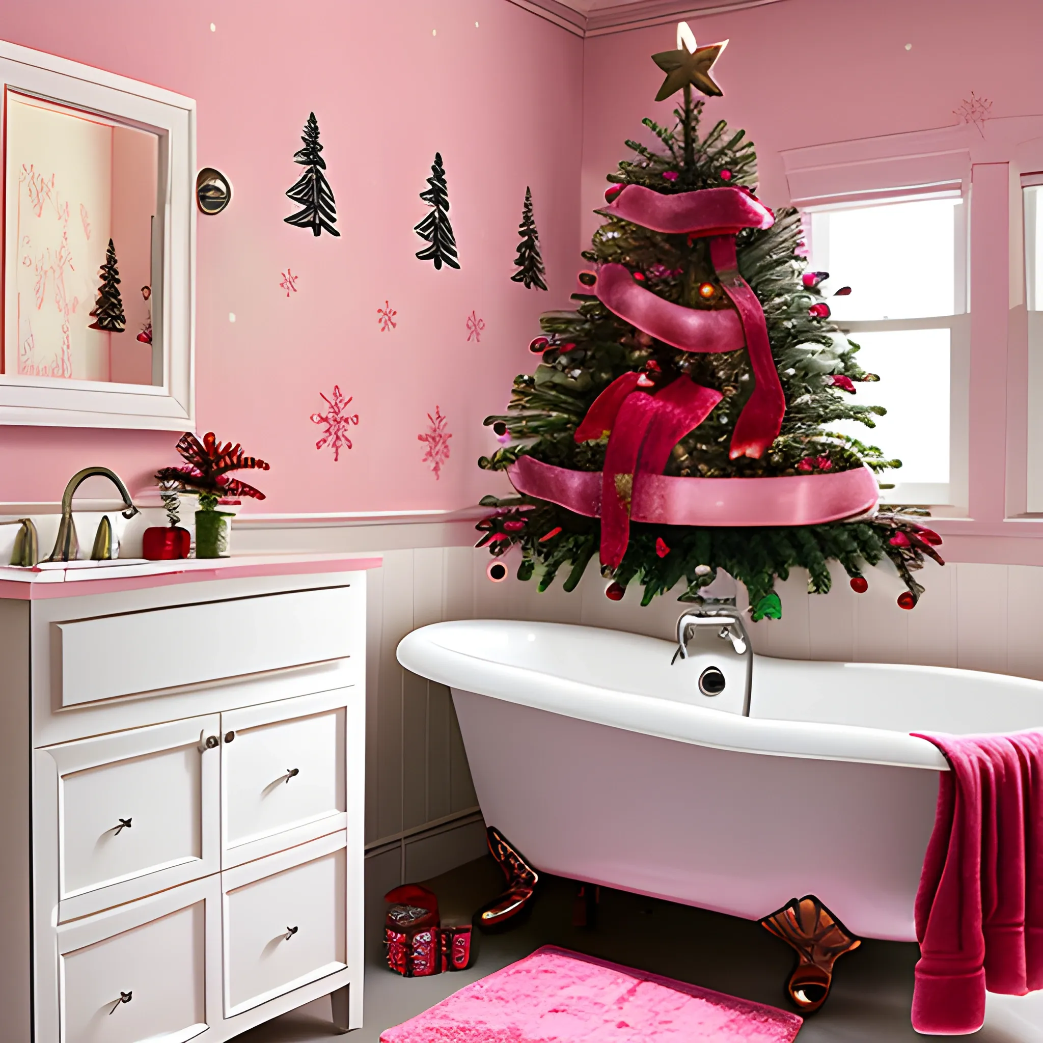 Liminal space tilted pink bathroom with christmas decorations