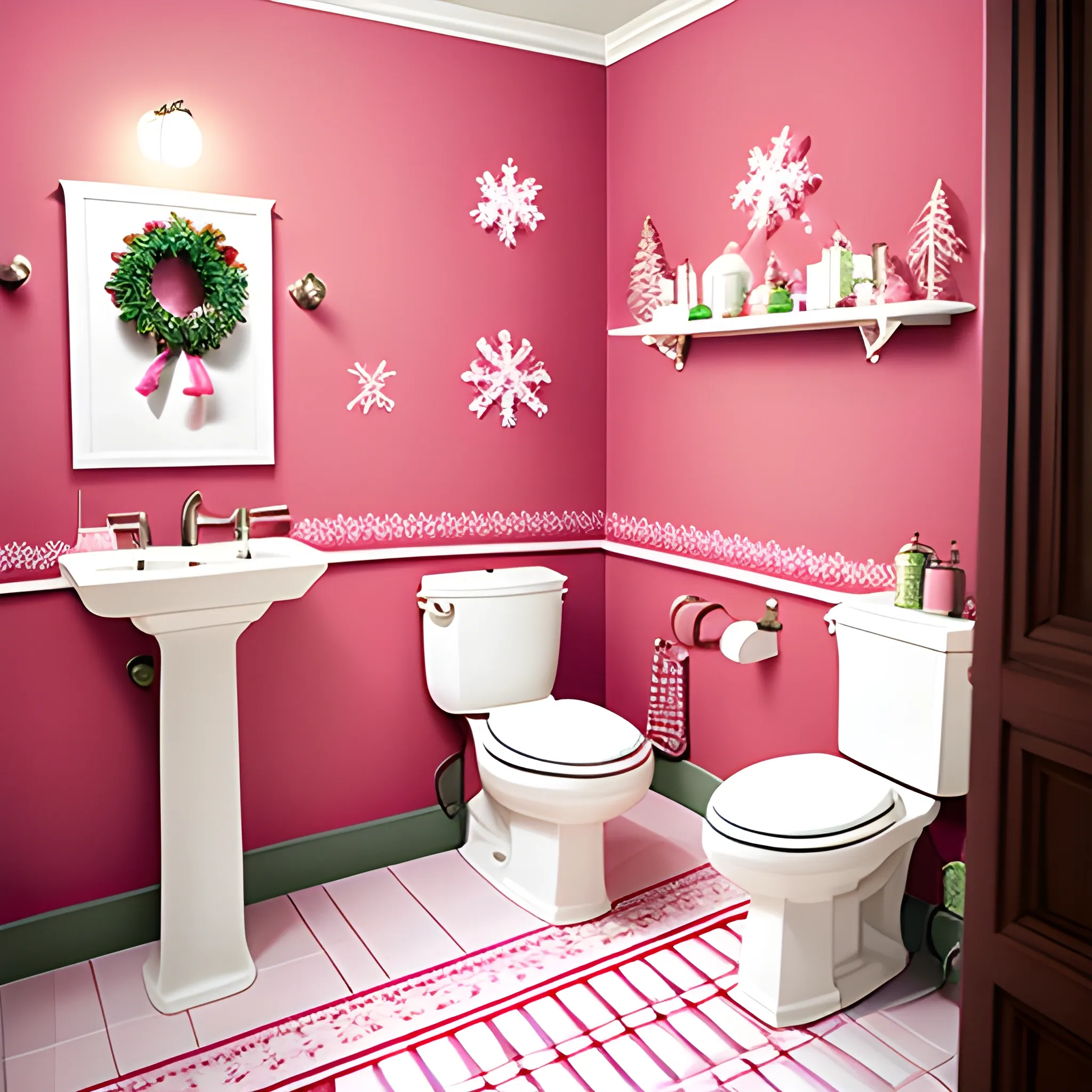 Liminal space tilted pink bathroom with christmas decorations - Arthub.ai