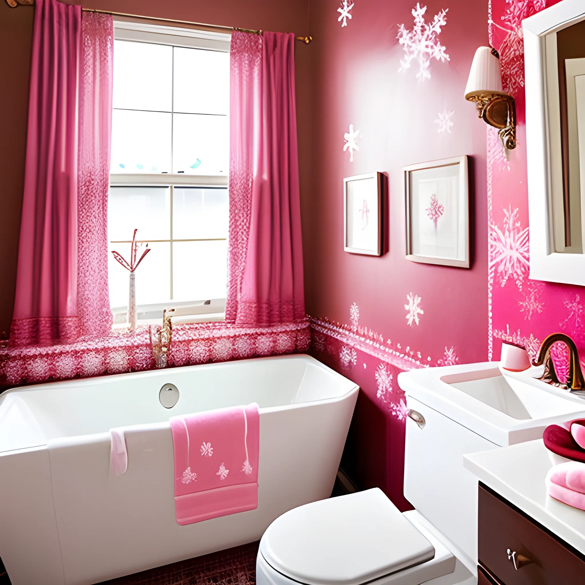 Liminal space tilted pink bathroom with christmas decorations