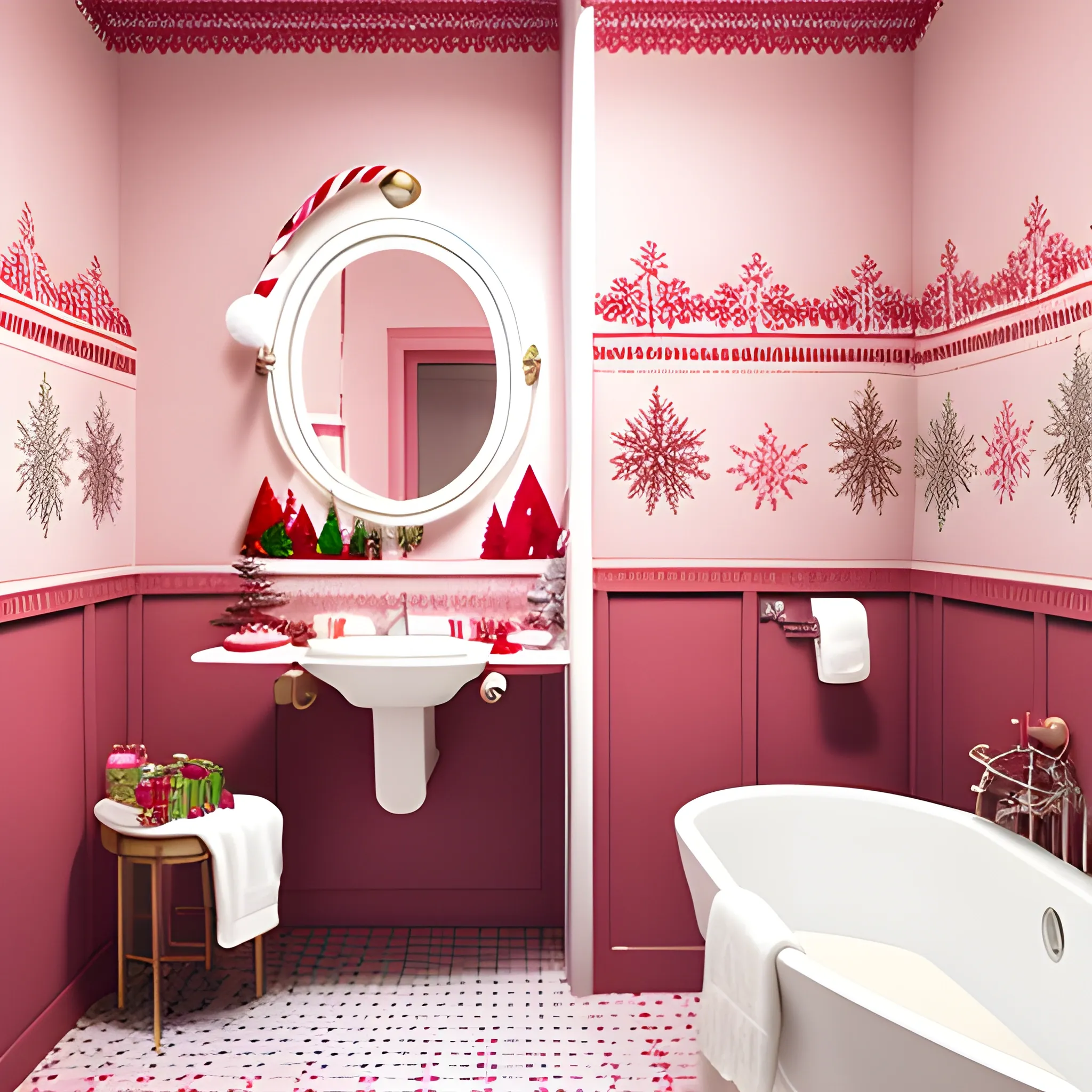 Liminal space tilted pink bathroom with christmas decorations