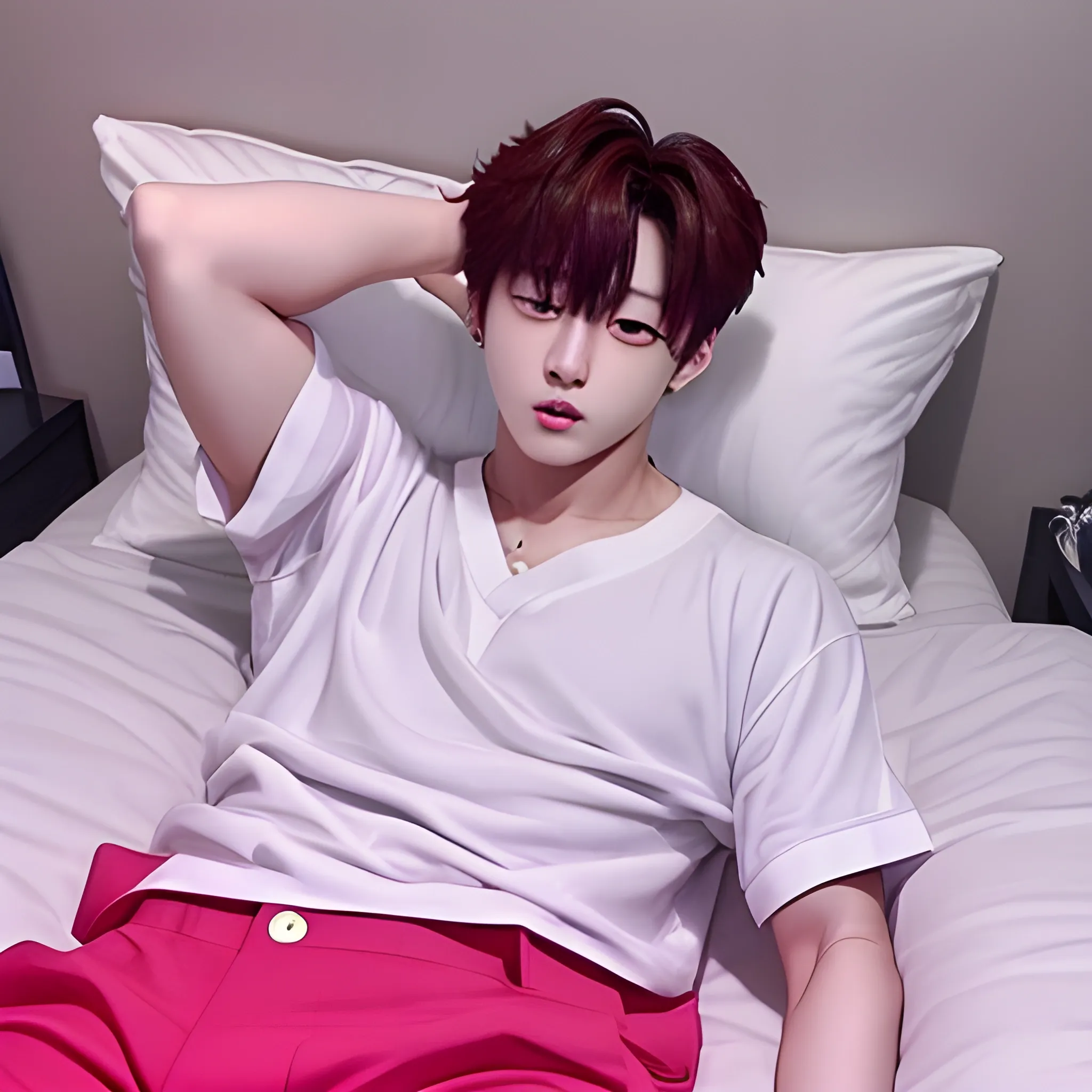 Jungkook idol kpop of bts in bed and he's get sweat, 3D