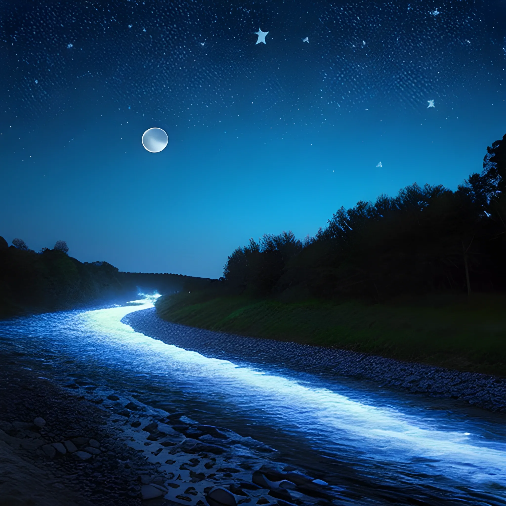 Night, river, moon, blue, stars 