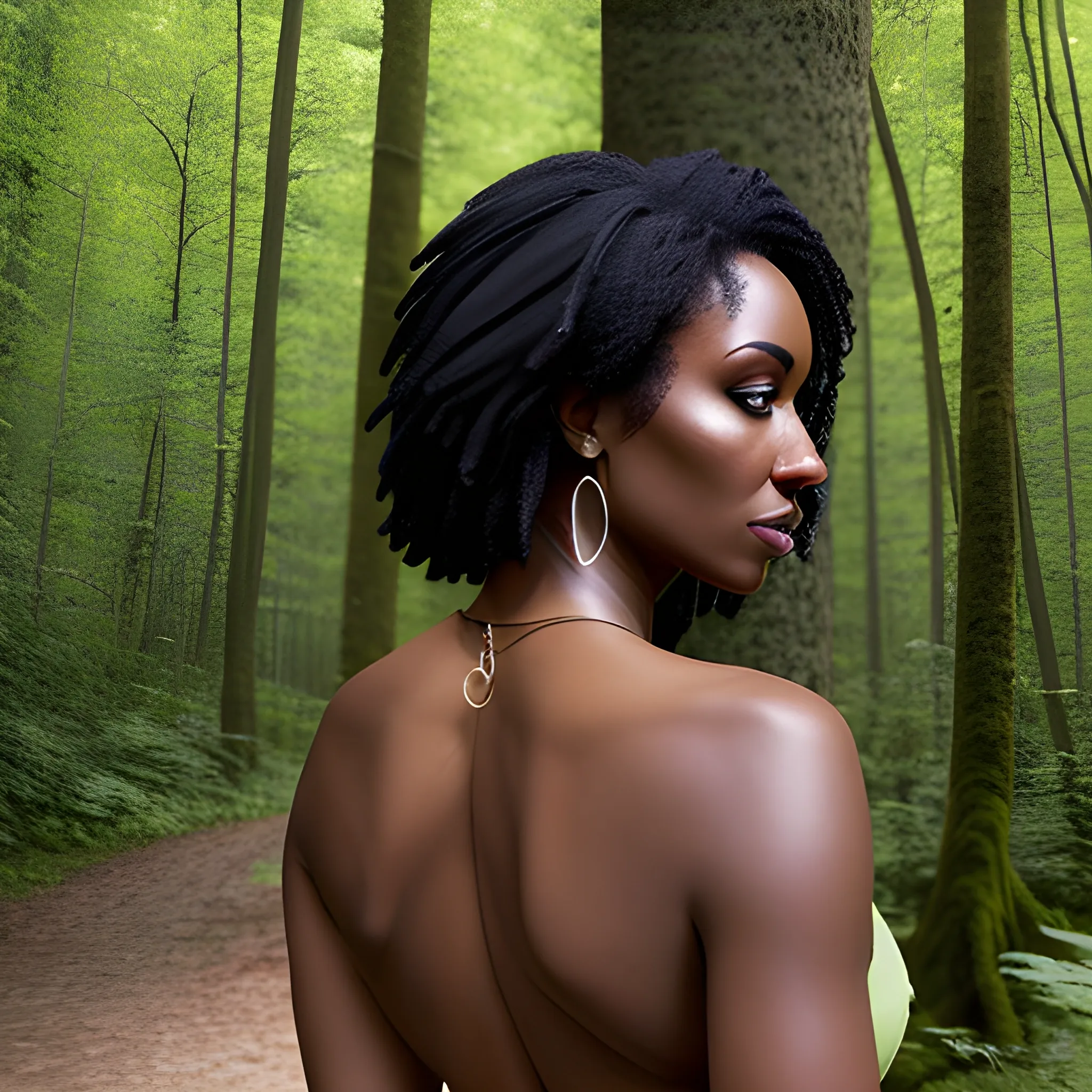 a woman in a forest with her back to the camera and a man in the background, breasts, looking_at_viewer, short_hair, multiple_girls, black_hair, 2girls, bare_shoulders, jewelry, medium_breasts, underwear, standing, panties, ass, earrings, outdoors, parted_lips, solo_focus, day, looking_back, dark_skin, from_behind, dark-skinned_female, tree, lips, crop_top, back, nature, armlet, forest, thong, realistic, bracer, Water Color