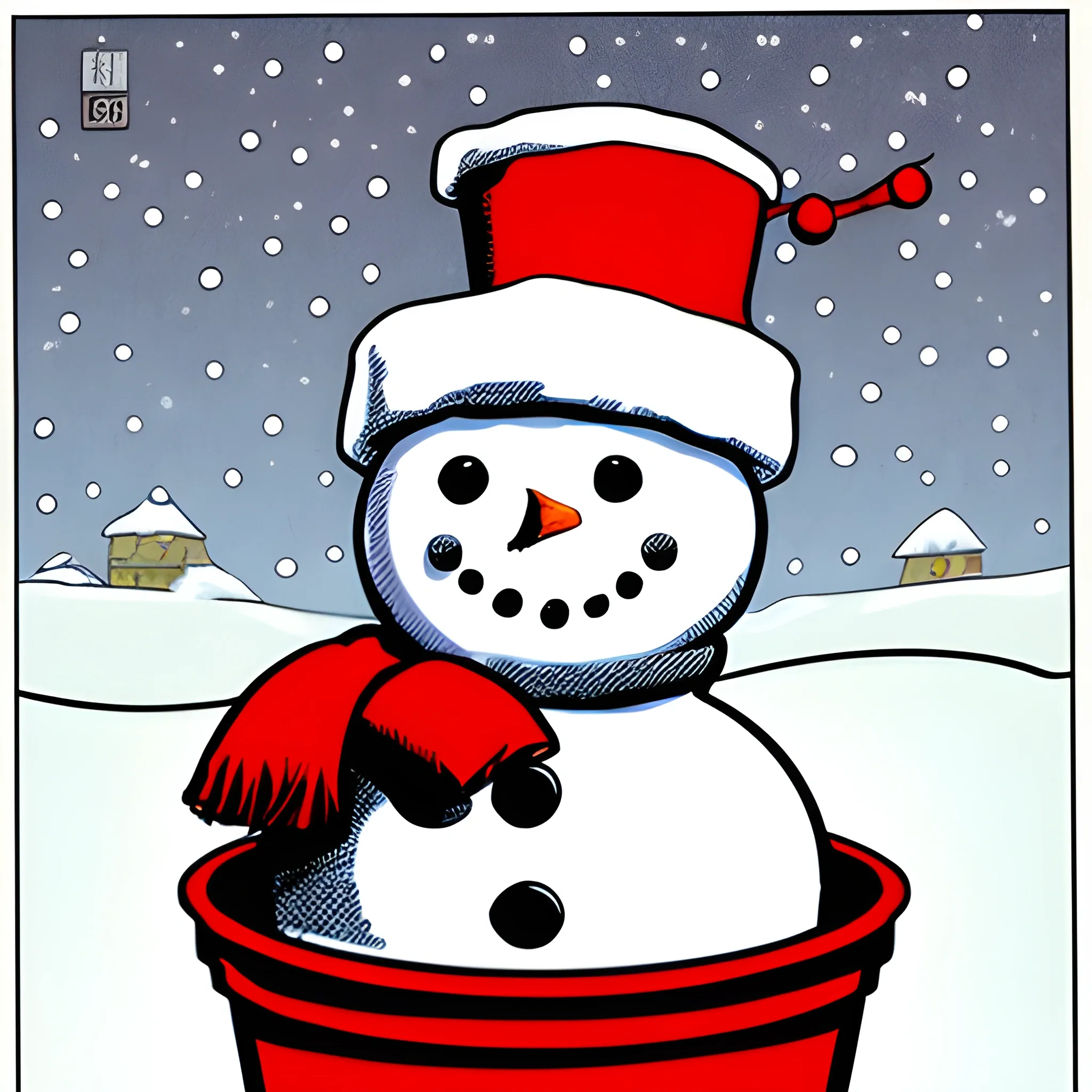 A snowman, with a red bucket on head, comics art