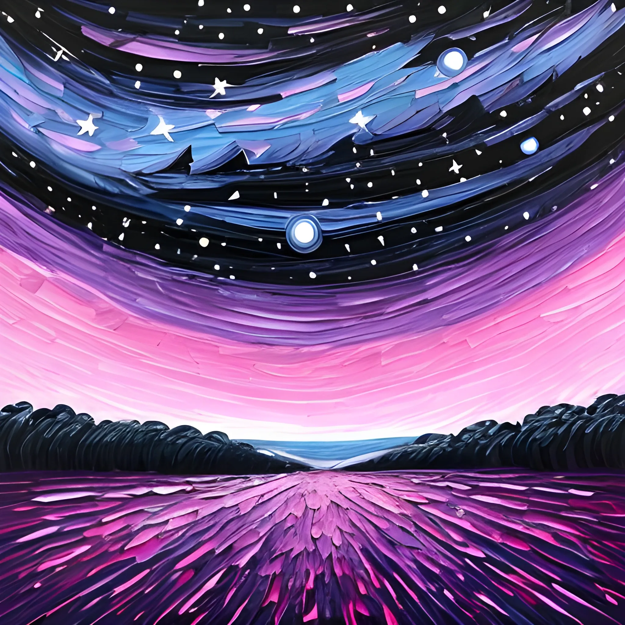 the night starry sky, Cartoon, Oil Painting. Pink, blue and black colors