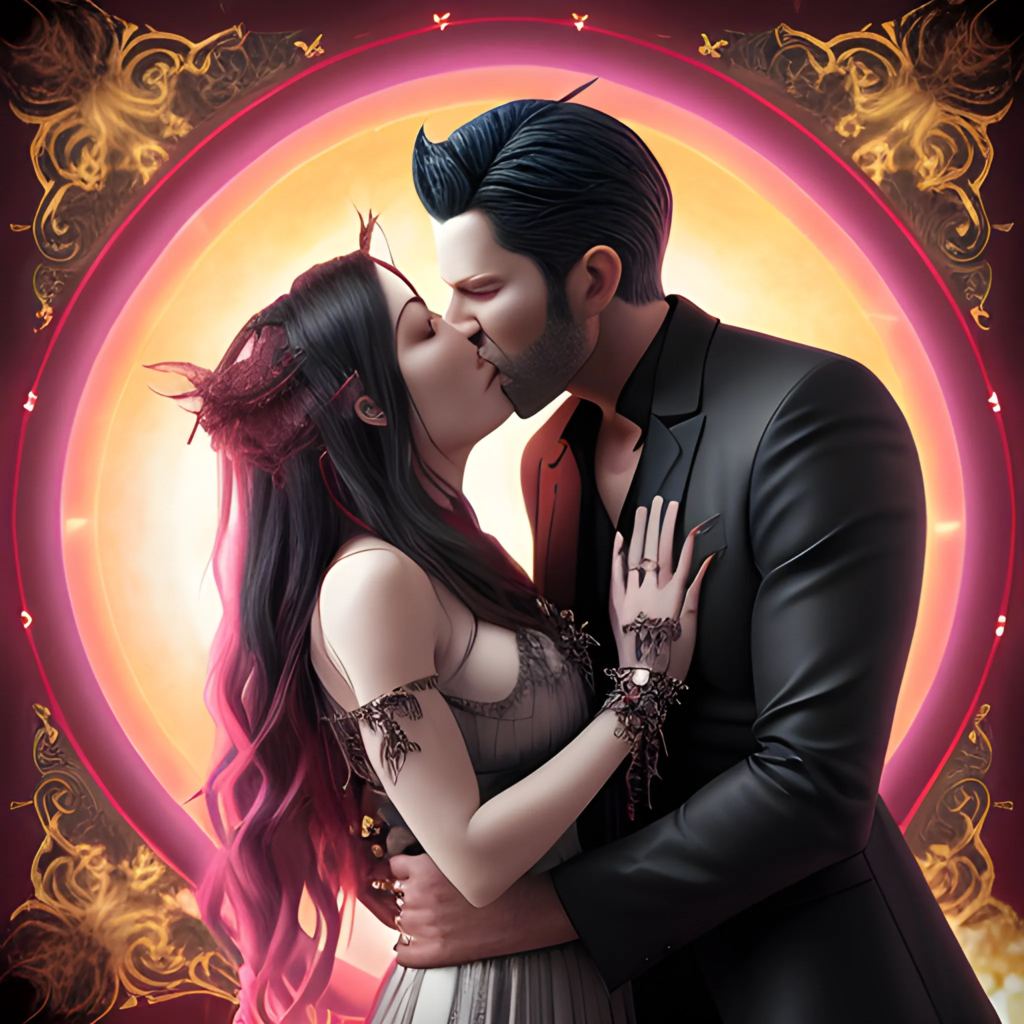 Lucifer's hidden energy towards me and holding me within in his arms and kissing me, 3D