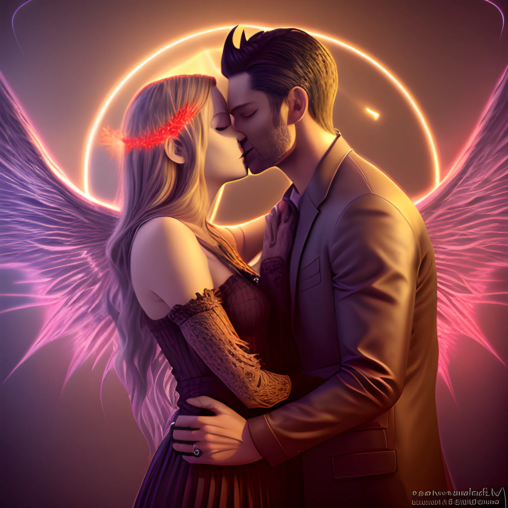 Lucifer's hidden energy towards me and holding me within in his arms and kissing me, 3D