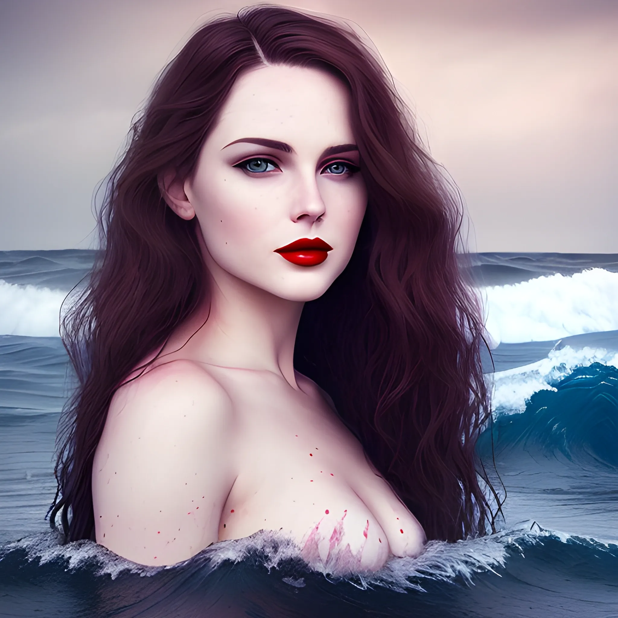 Realistic photo, beautiful women, red lips, long dark waves hair