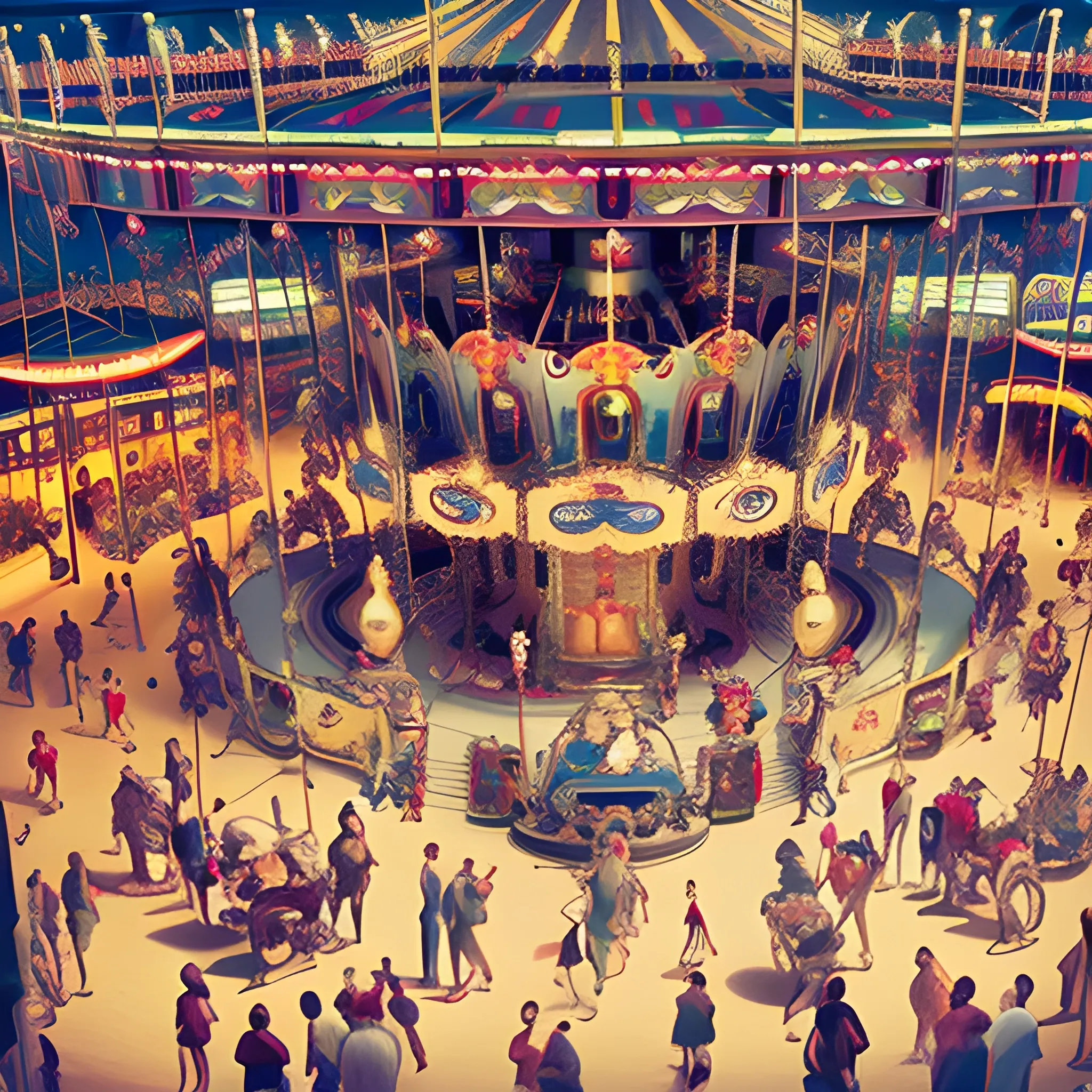 carousel, bird's-eye view, many people in the background, chaotic backgroud , 3D