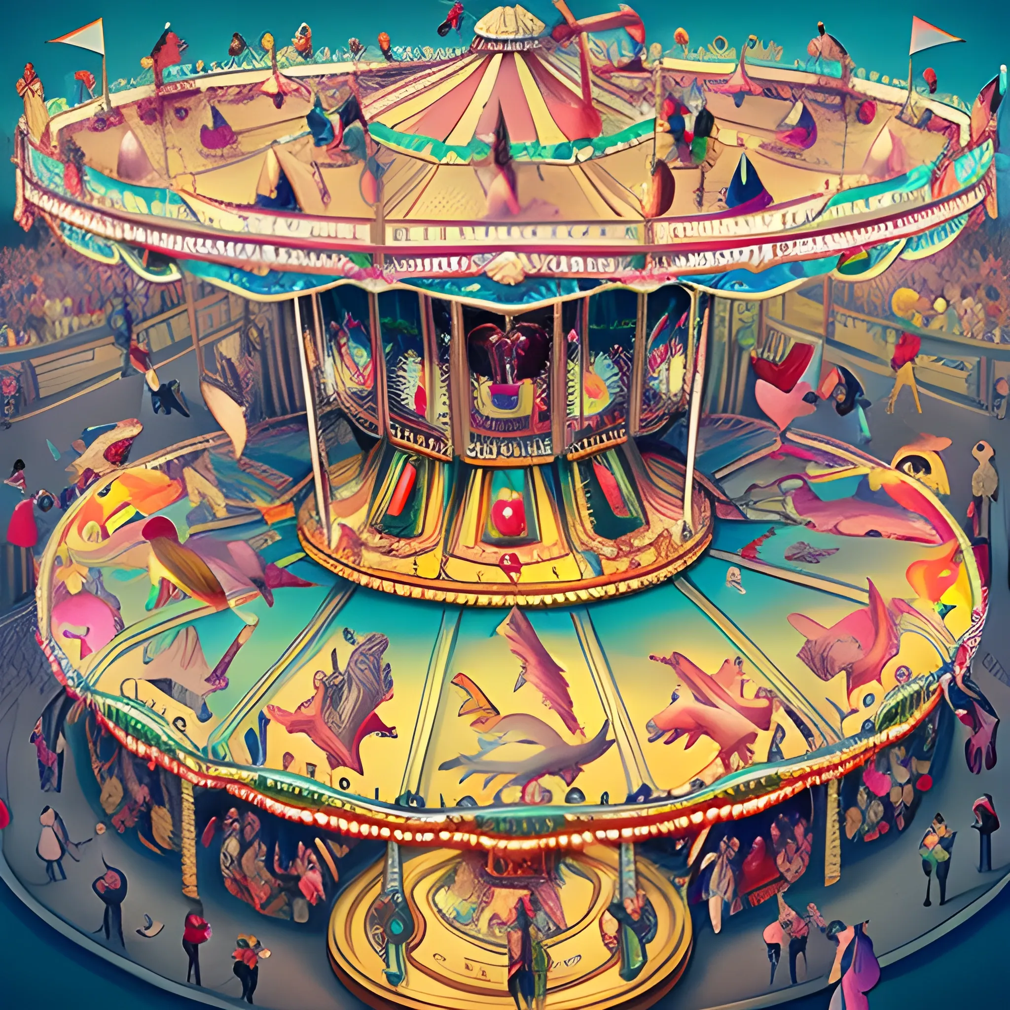 carousel, bird's-eye view, many people in the background, chaotic backgroud , 3D,  Cartoon, Trippy