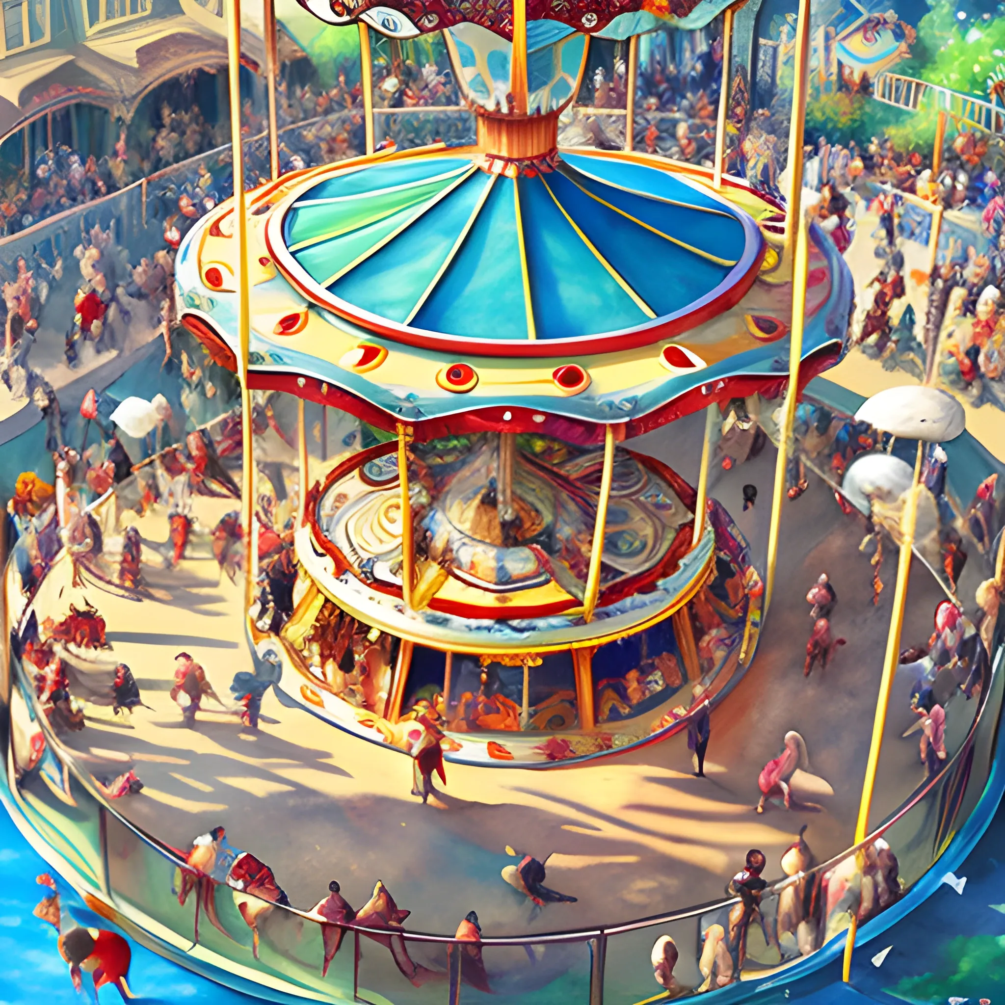 carousel, bird's-eye view, many people in the background, chaotic backgroud , 3D, , Water Color