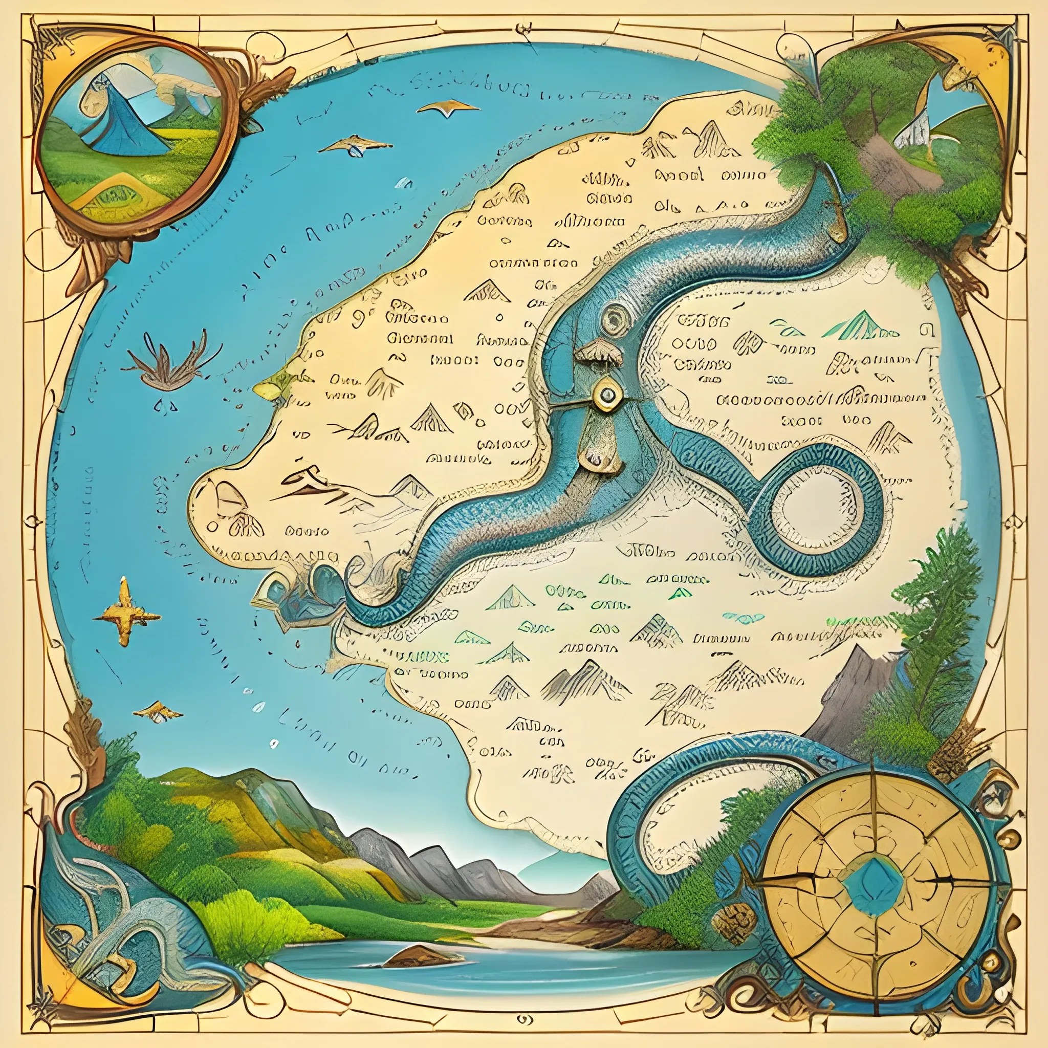 make a Mystical Isles Explorer's Notebook
First Page:An ornate title page introduces the notebook's purpose: "Mystical Isles Explorer's Journal." The inked illustrations of sea serpents, mermaids, and soaring griffins spark curiosity and anticipation.

Second page: 
make a map, an intricately drawn map of the mysterious island. The cartographer's skill is evident, with detailed landscapes, winding trails, and enigmatic symbols hinting at hidden secrets. The map is rich in color, featuring vibrant blues for surrounding waters, lush greens for dense forests, and golden hues for sandy shores. Each landmark is marked with unique symbols, and dotted lines suggest unexplored territories, Oil Painting, 3D