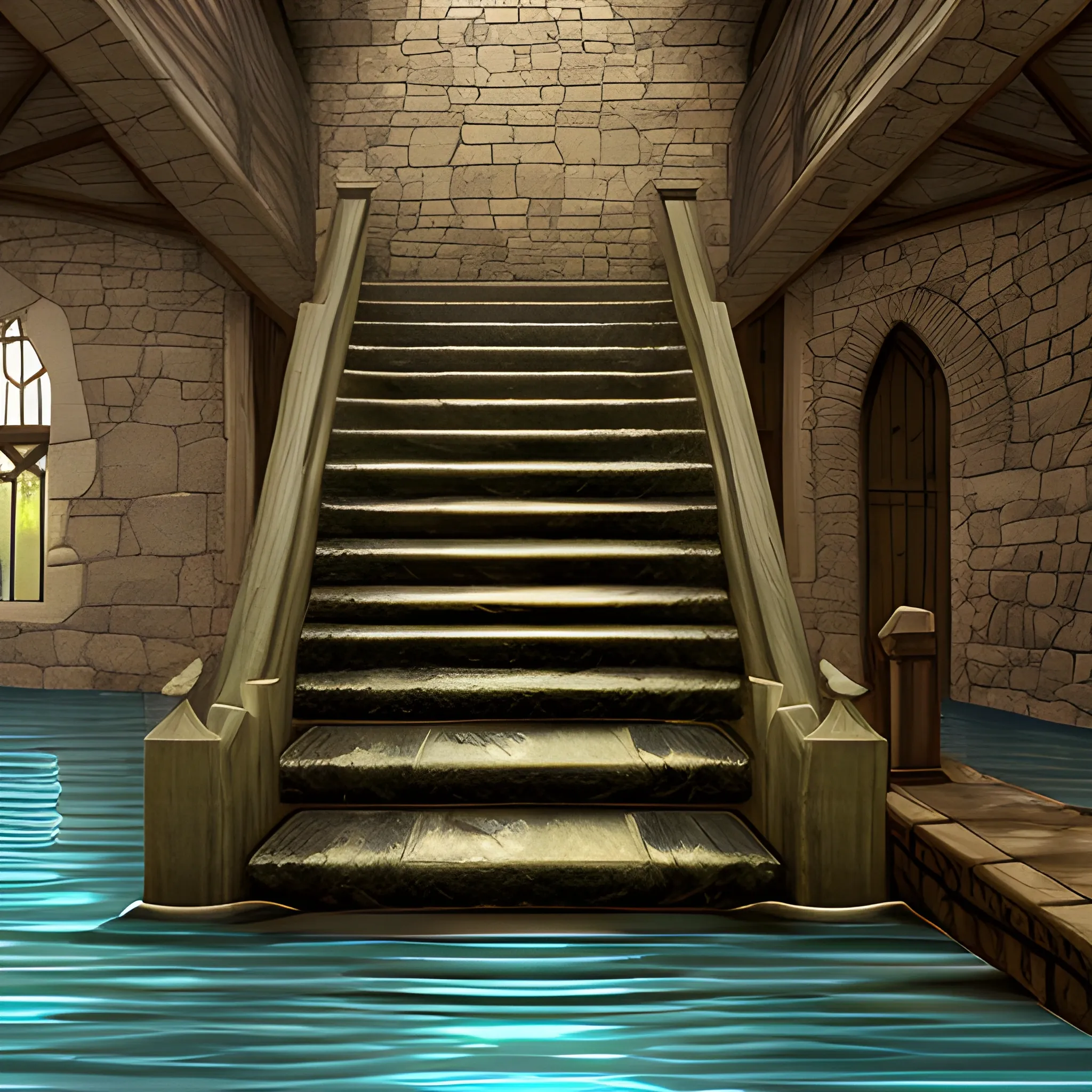 Medieval fantasy stairs leading downstairs into water.