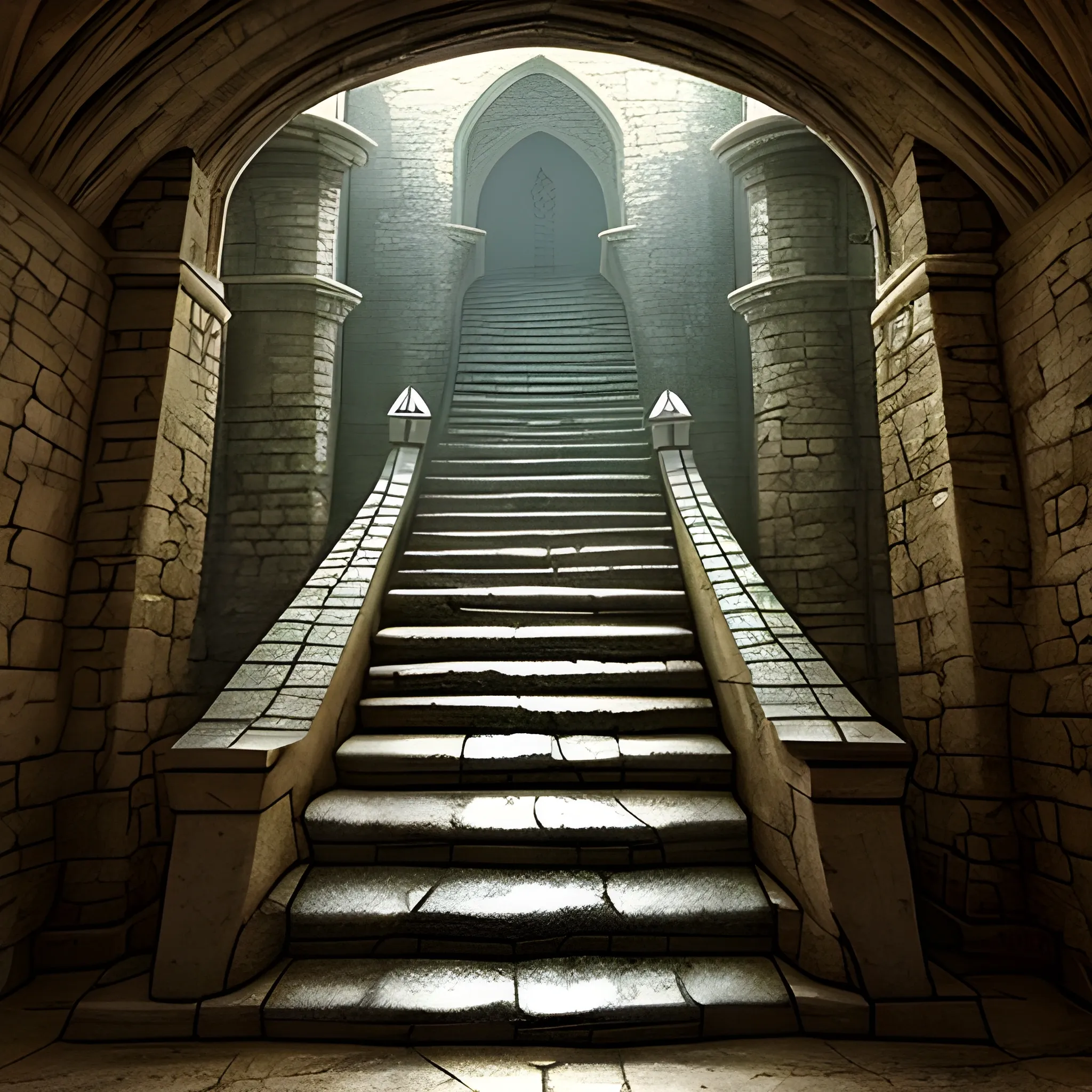 Medieval fantasy stairs leading downstairs into water beneath a crypt.
