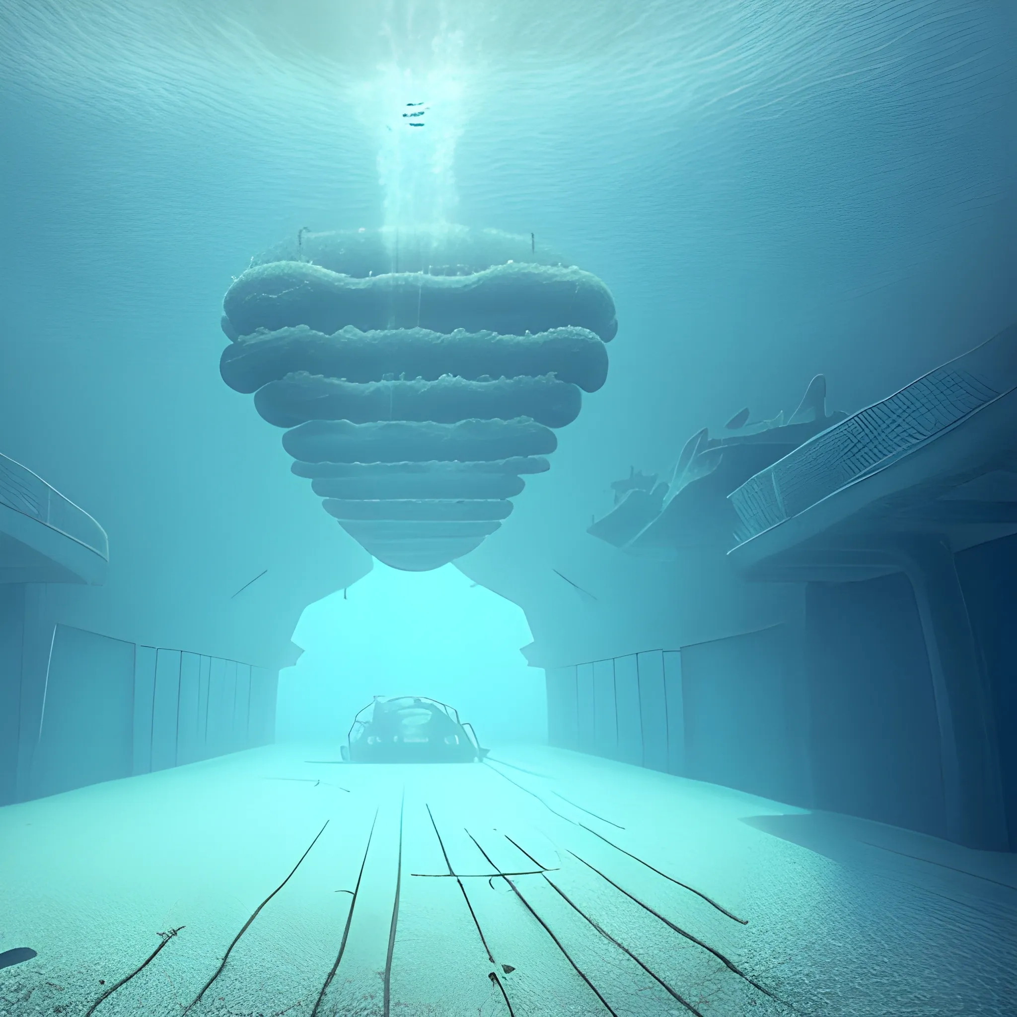 
Under water, a corridor of oxygen leads to a large shipwreck in an air bubble.