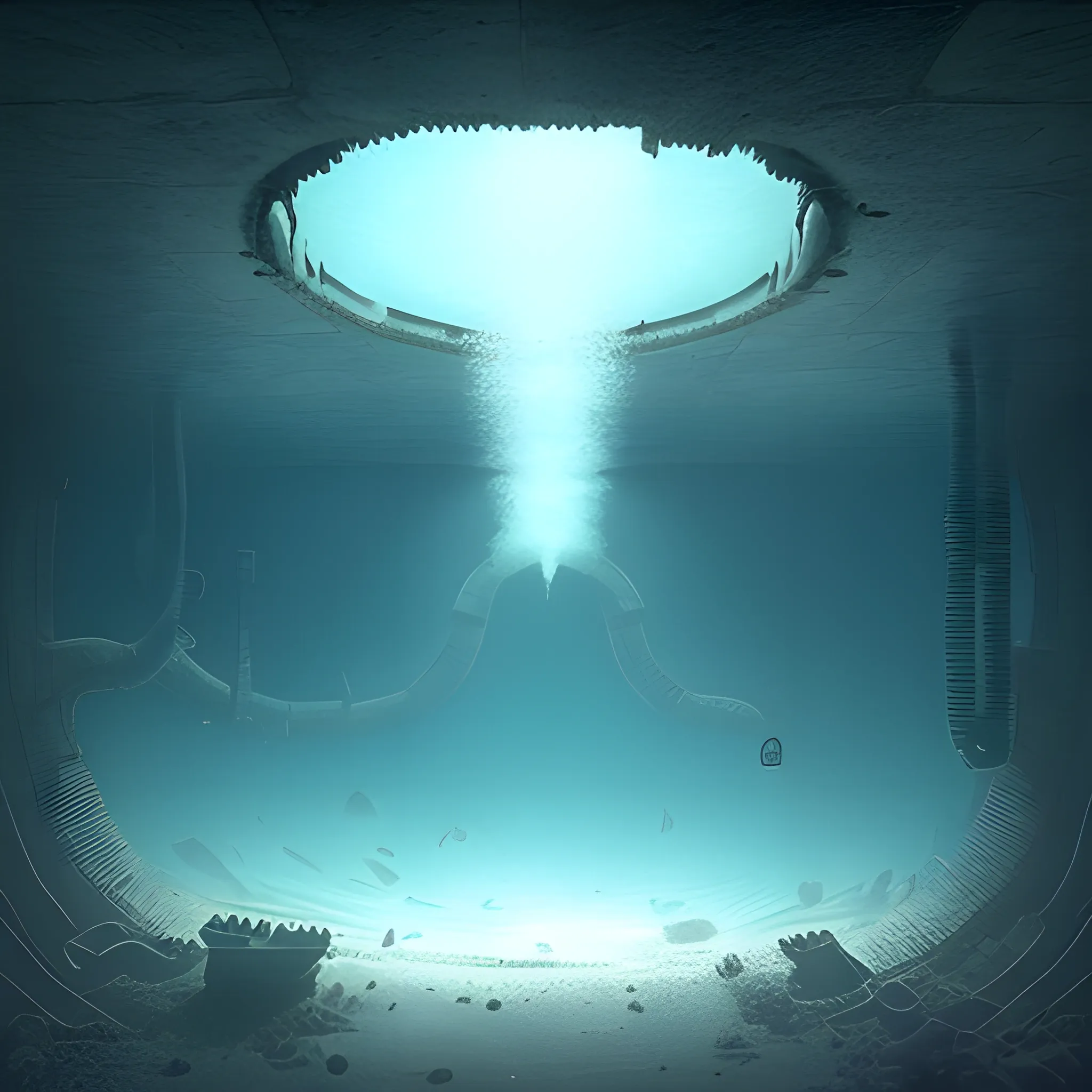 
Under water, a corridor of oxygen leads to a large sunk shipwreck in an air bubble.