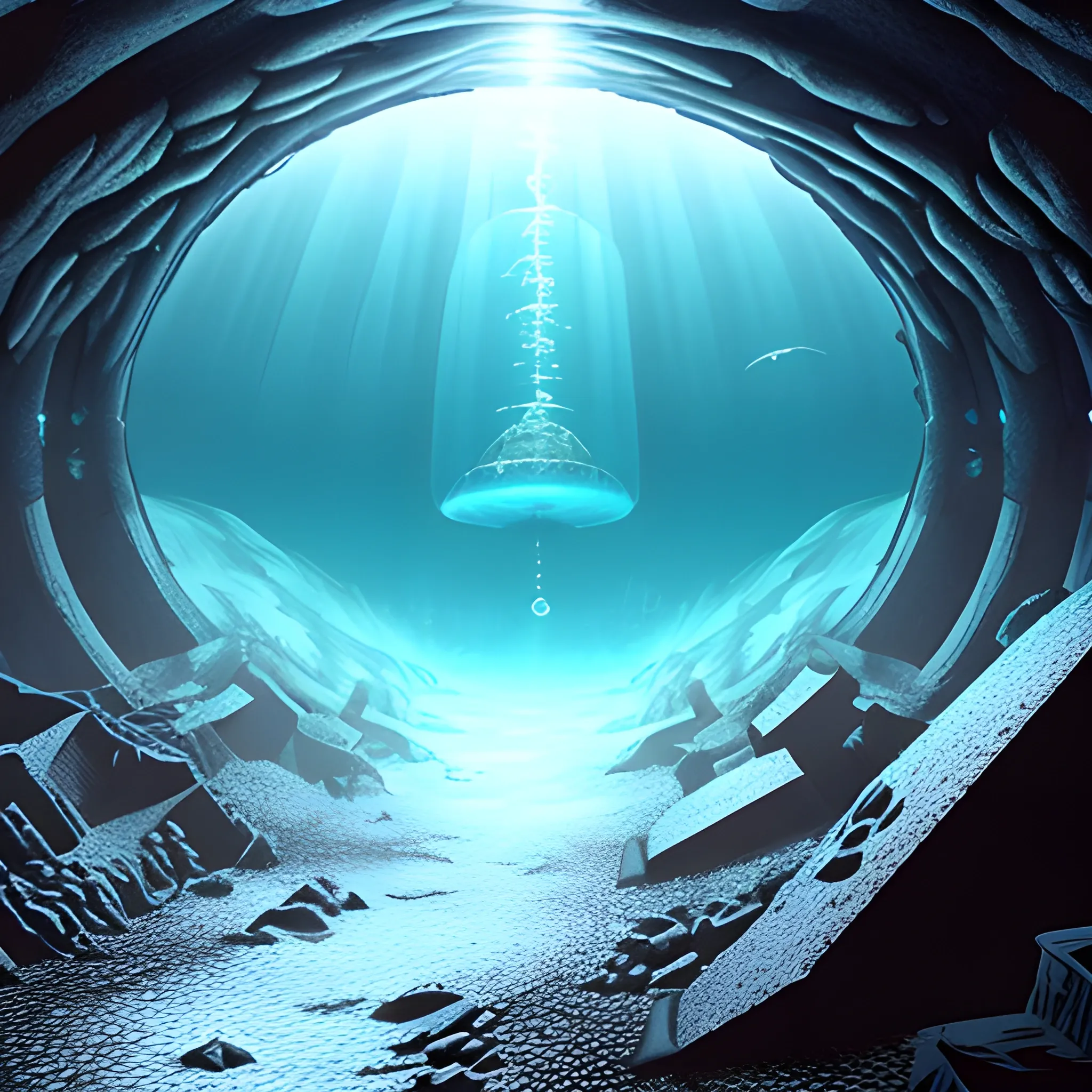 A small tunnel of oxygen leads to a large fantasy sunk shipwreck in an air bubble.