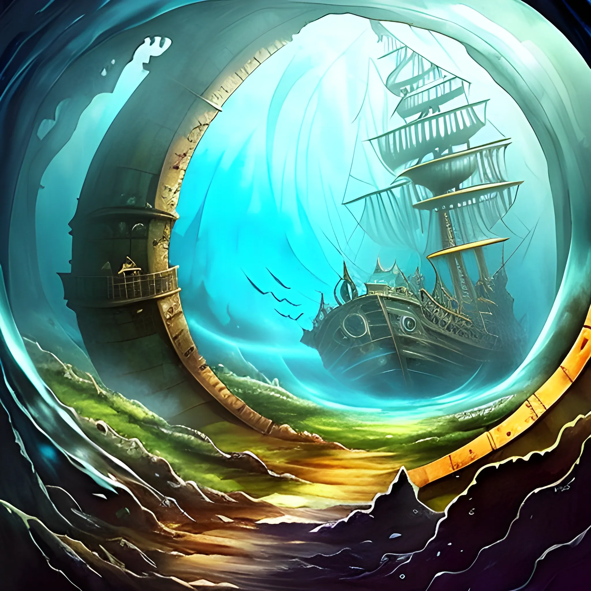 A small tunnel of oxygen leads to a large fantasy sunk pirate shipwreck in an air bubble., Trippy, Water Color