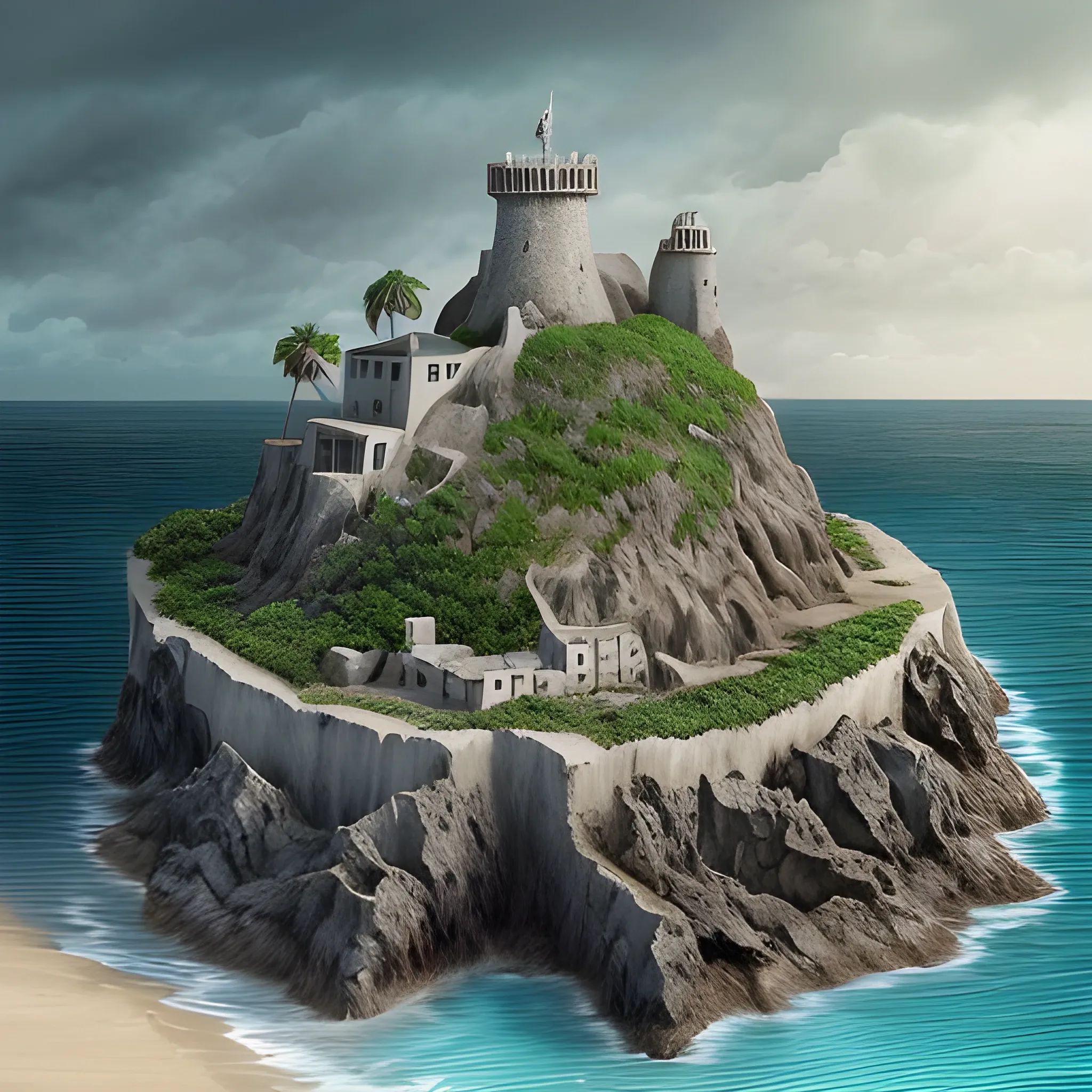 A dark fantasy island with rough, enormously high cliffs. This is known as Prison Island. Only the country's worst criminals are imprisoned there, in the middle of the sea. 
There a no trees. There is a village for the people who work at the prison. With a tavern and a bordell.