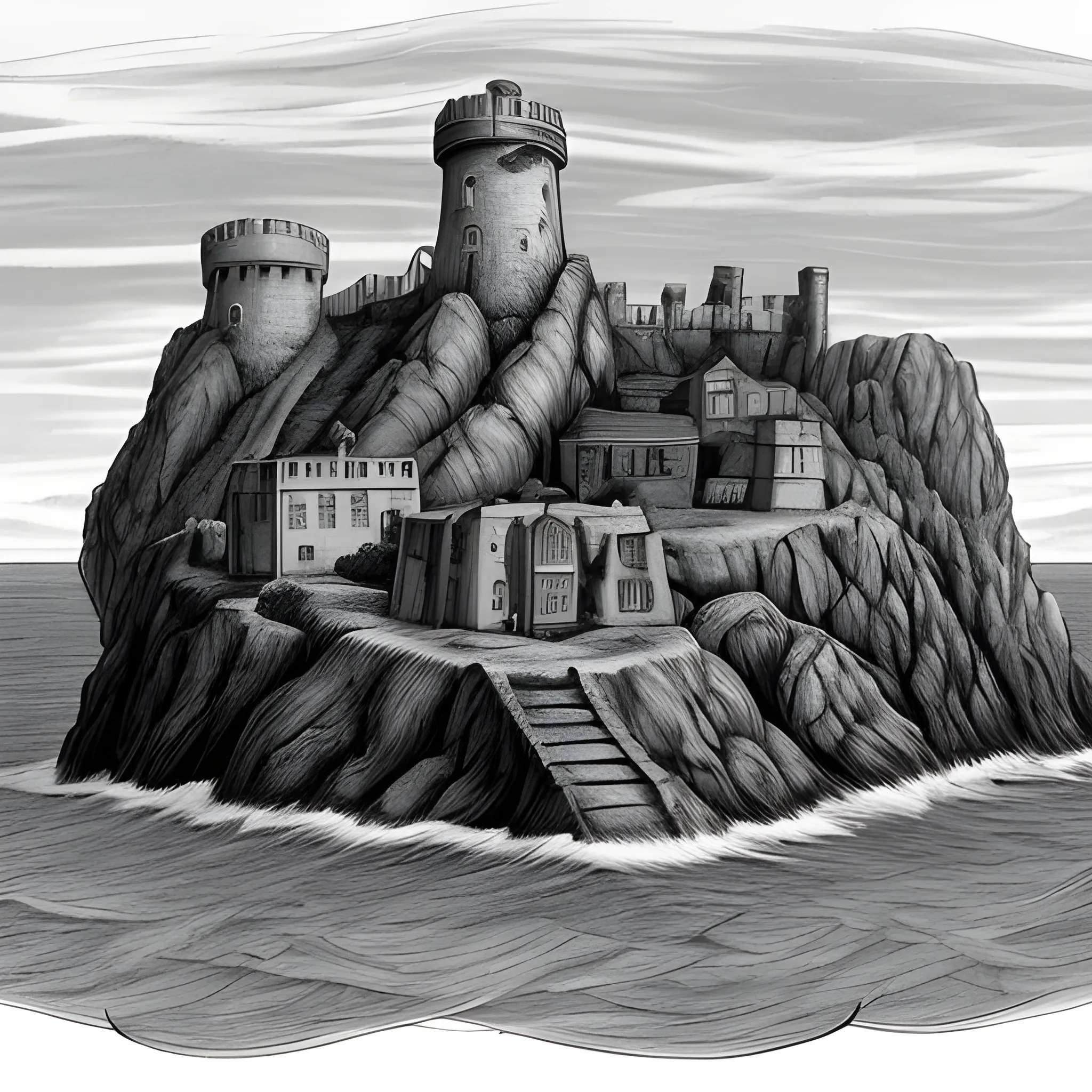 A dark fantasy island with rough, enormously high cliffs. This is known as Prison Island. Only the country's worst criminals are imprisoned there, in the middle of the sea. 
There a no trees. There is a village for the people who work at the prison. With a tavern and a bordell. The island resembles Ireland or Scotland
, Pencil Sketch