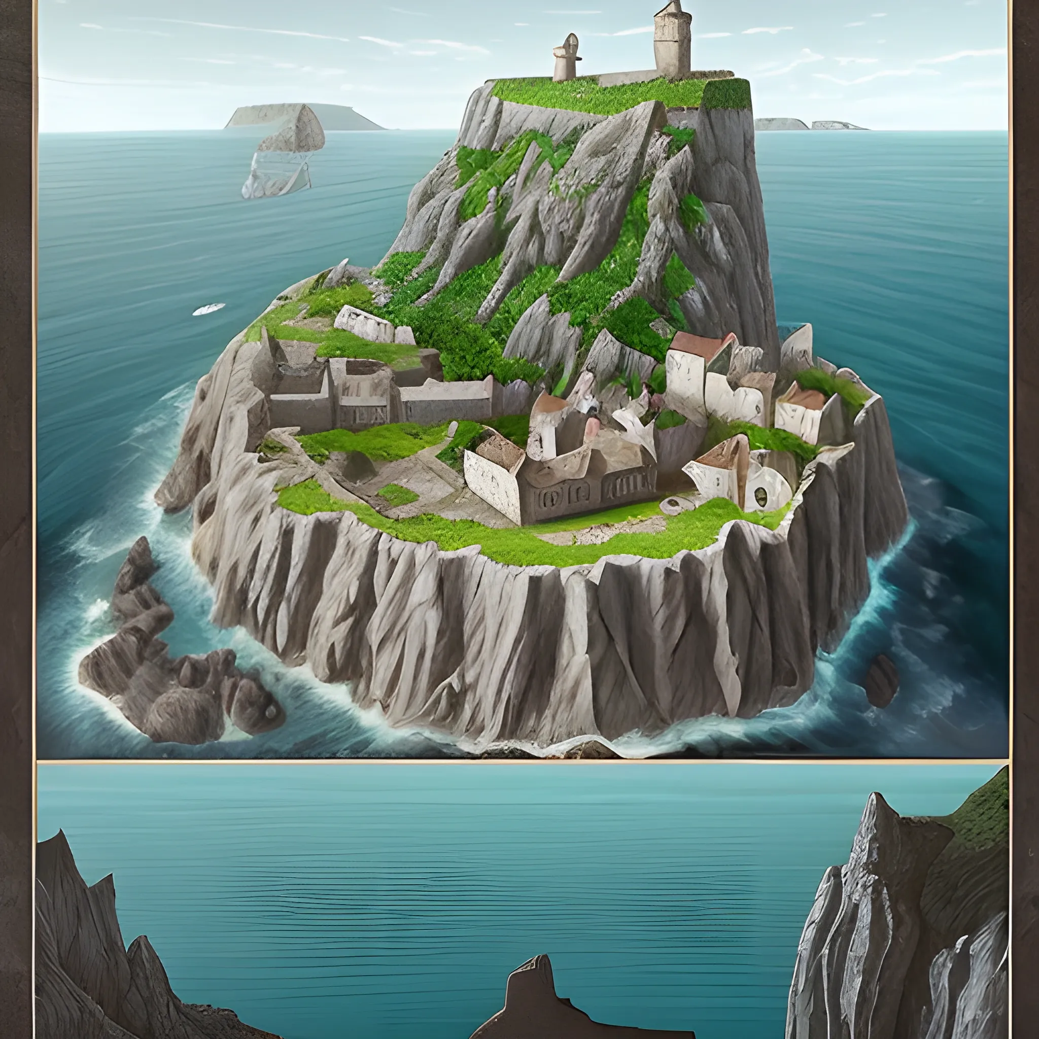 A dark huge medieval island in the middle of the ocean. rough, enormously high cliffs. known as Prison Island. Only the country's worst criminals are imprisoned there,
There a no trees. There is a village for the people who work at the prison. With a tavern and a bordell. The island resembles Ireland or Scotland
, Water Color