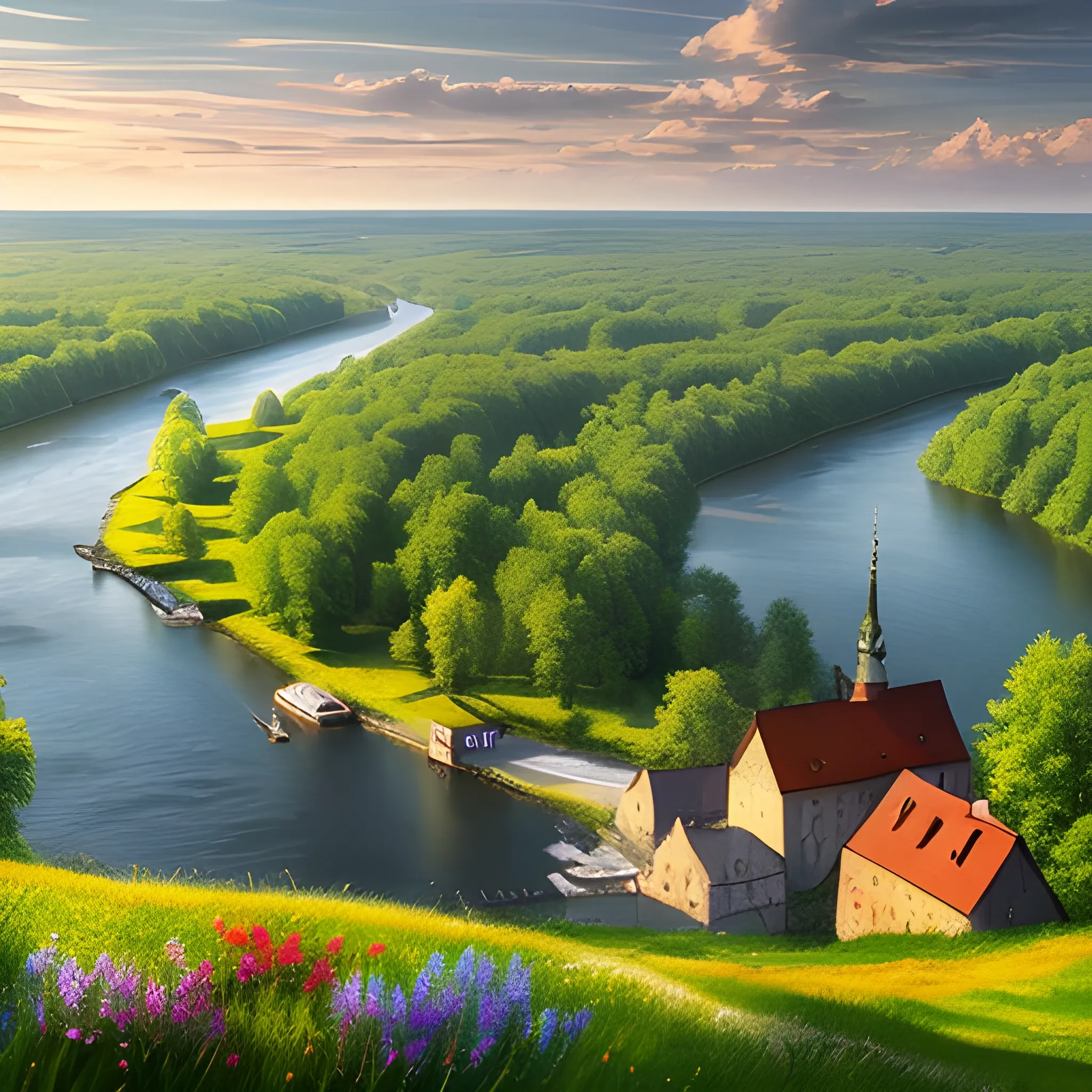 Draw a picturesque view of Poland showcasing the diverse landscapes and landmarks of the country. Fill the entire frame with the picture, do not leave any border.
