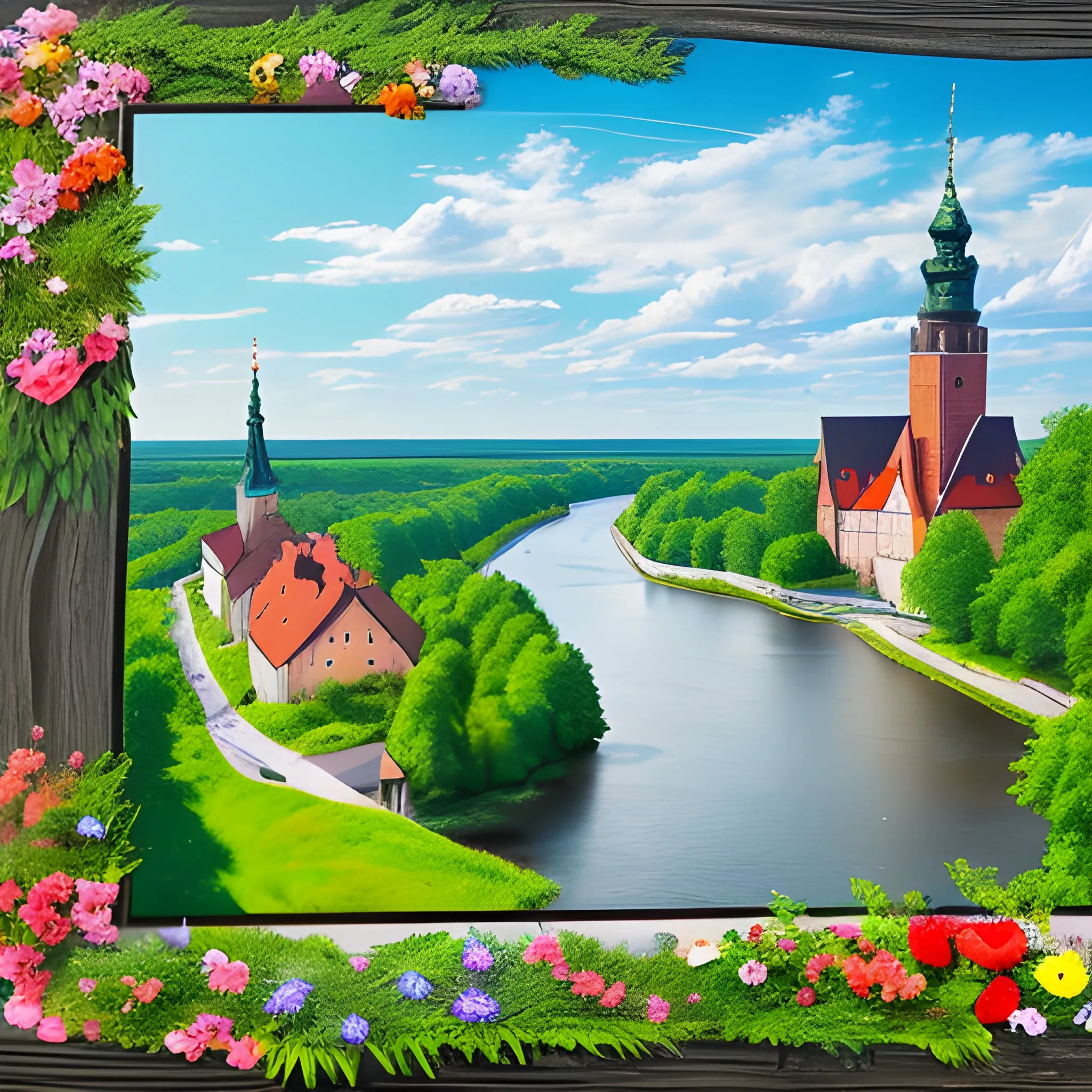 Draw a picturesque view of Poland showcasing the diverse landscapes and landmarks of the country. Fill the entire frame with the picture, do not leave any border.