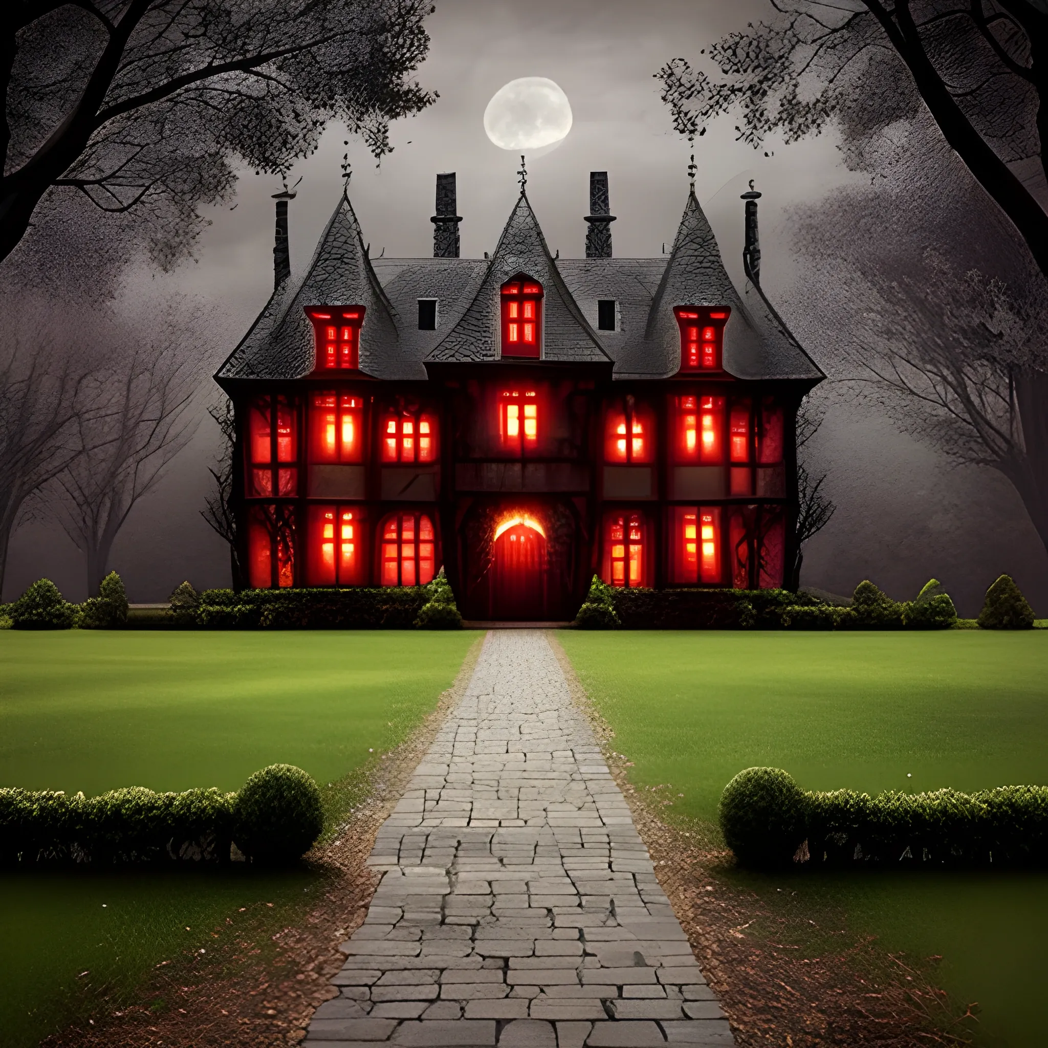 Dark manor. Mythical and sexy. Red curtains. surrounded by a park with large trees. Fantasy medieval.