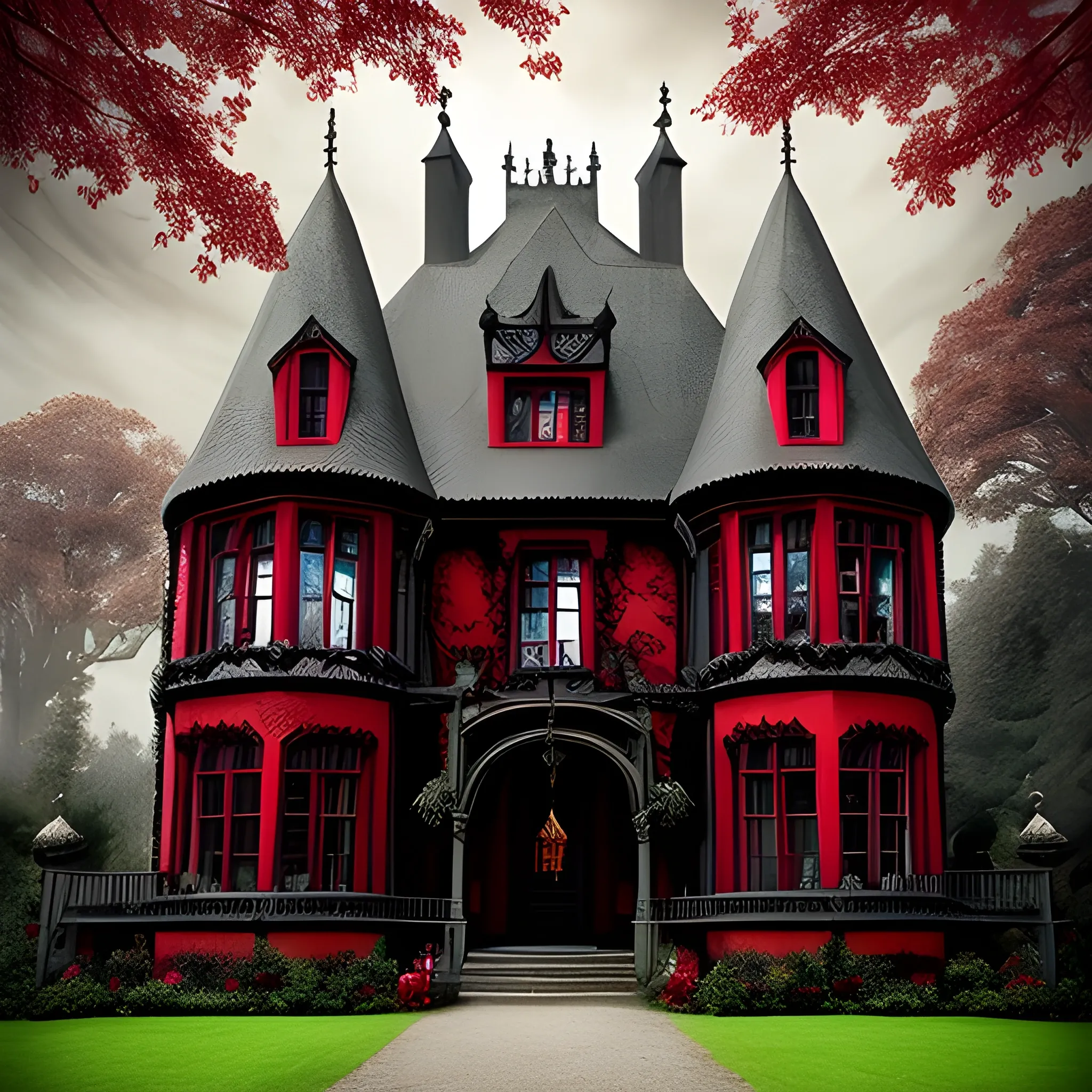 Dark manor. Mythical and sexy. Red curtains. surrounded by a park with large trees. Fantasy medieval. Much Ivy and Laterns