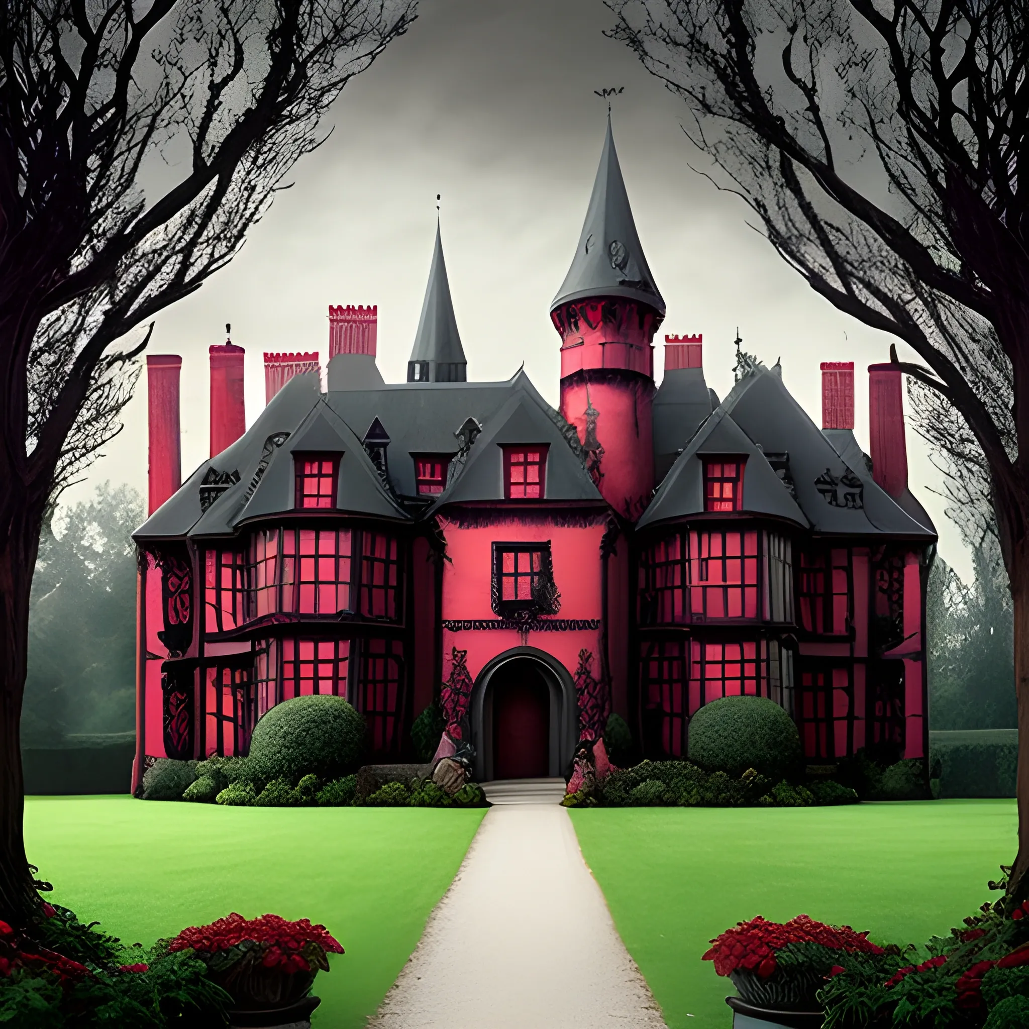 Dark manor. Mythical and sexy. Red curtains. surrounded by a park with large trees. Fantasy medieval. Much Ivy and Laterns