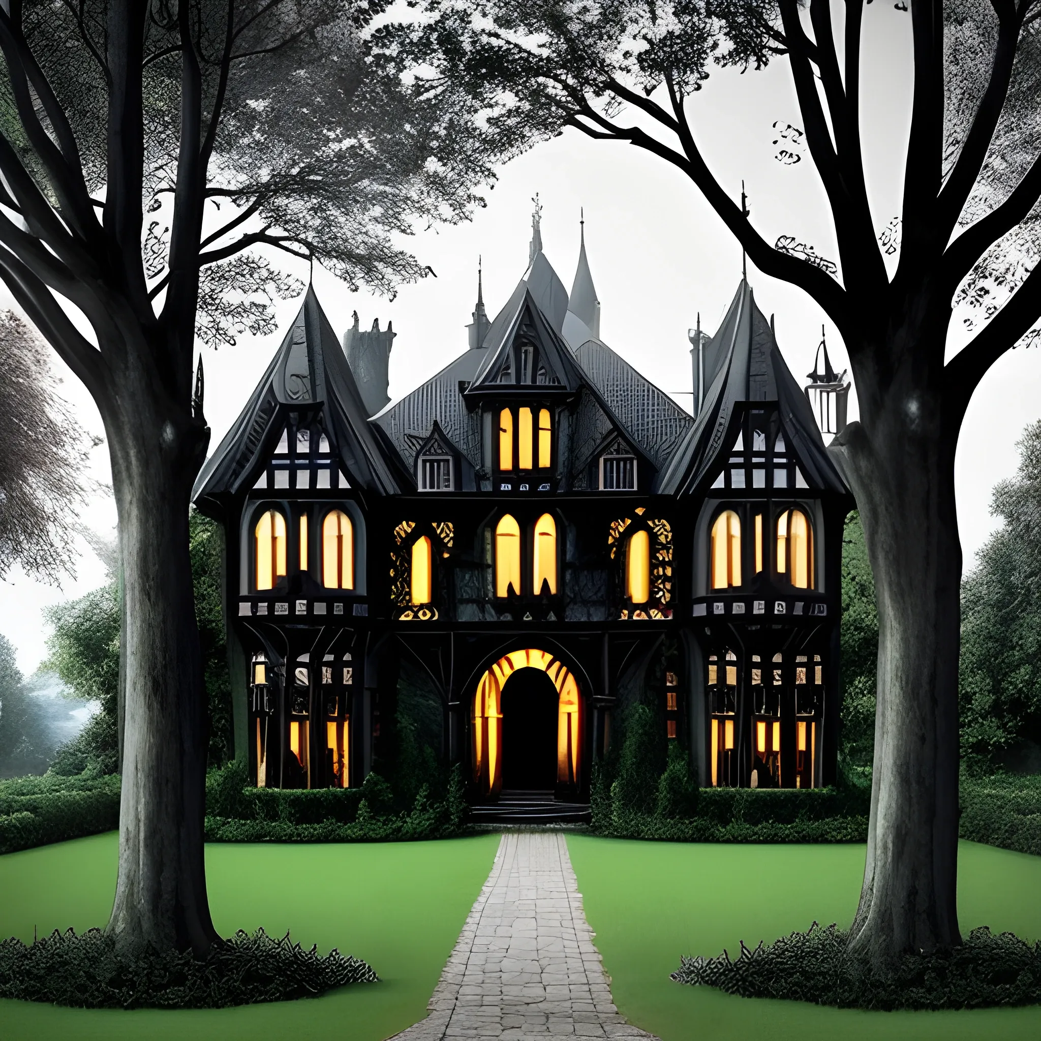 Dark manor. Mythical and sexy. black. surrounded by a park with large trees. Fantasy medieval. Much Ivy and Laterns