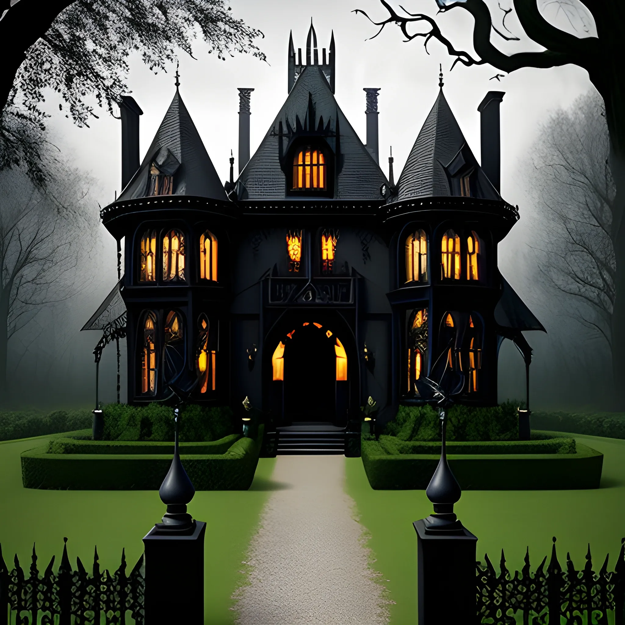 Dark manor. Mythical and sexy. black. surrounded by a park with large trees. Fantasy medieval. Much Ivy and Laterns. Black Gate.